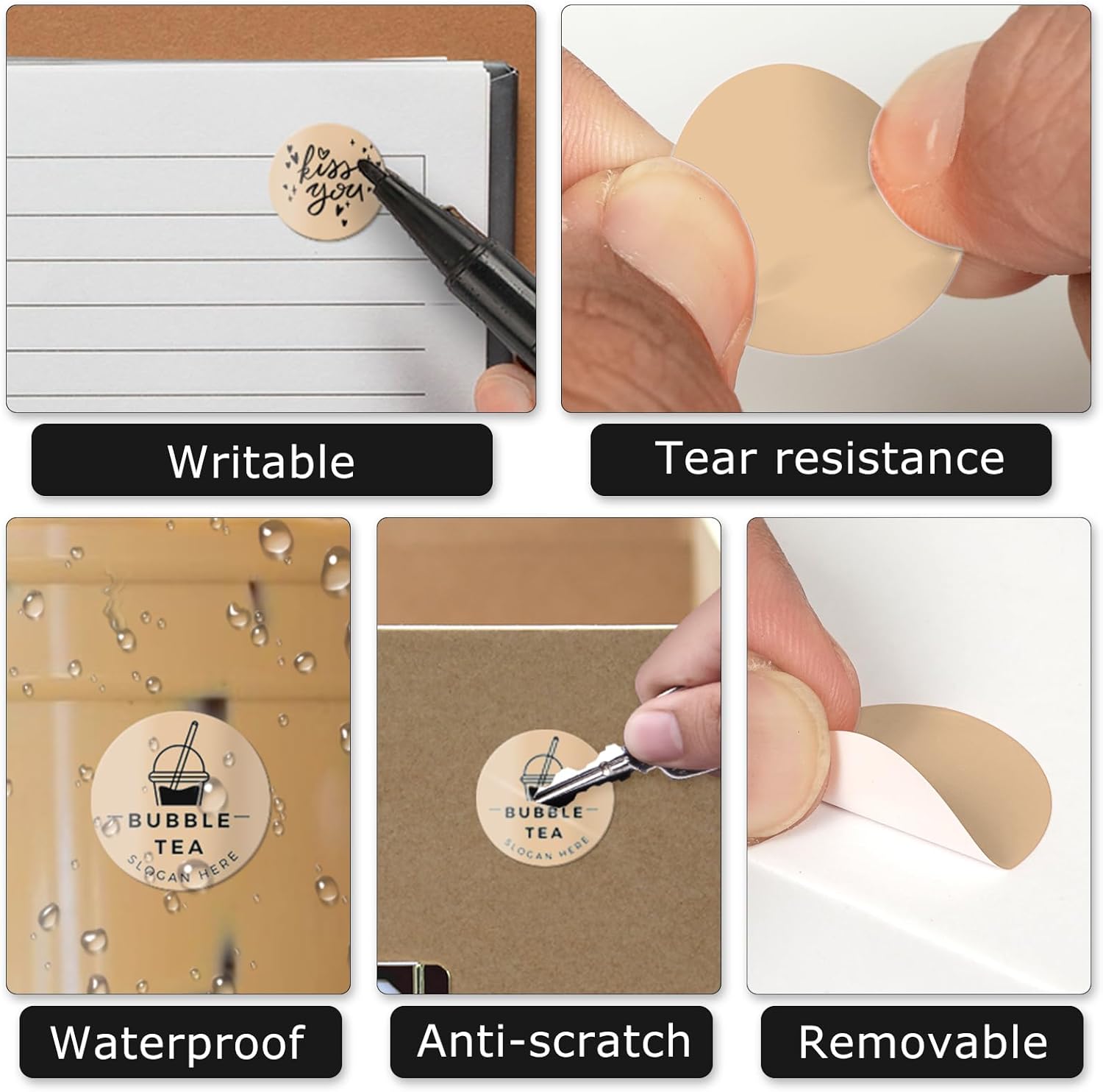 Khaki Circle Thermal Labels Vinyl 1 Inch Self-Adhesive Round Stickers Roll Waterproof Printer Decals Name Tag for QR Code DIY Office Address 500 PCS - Image 3