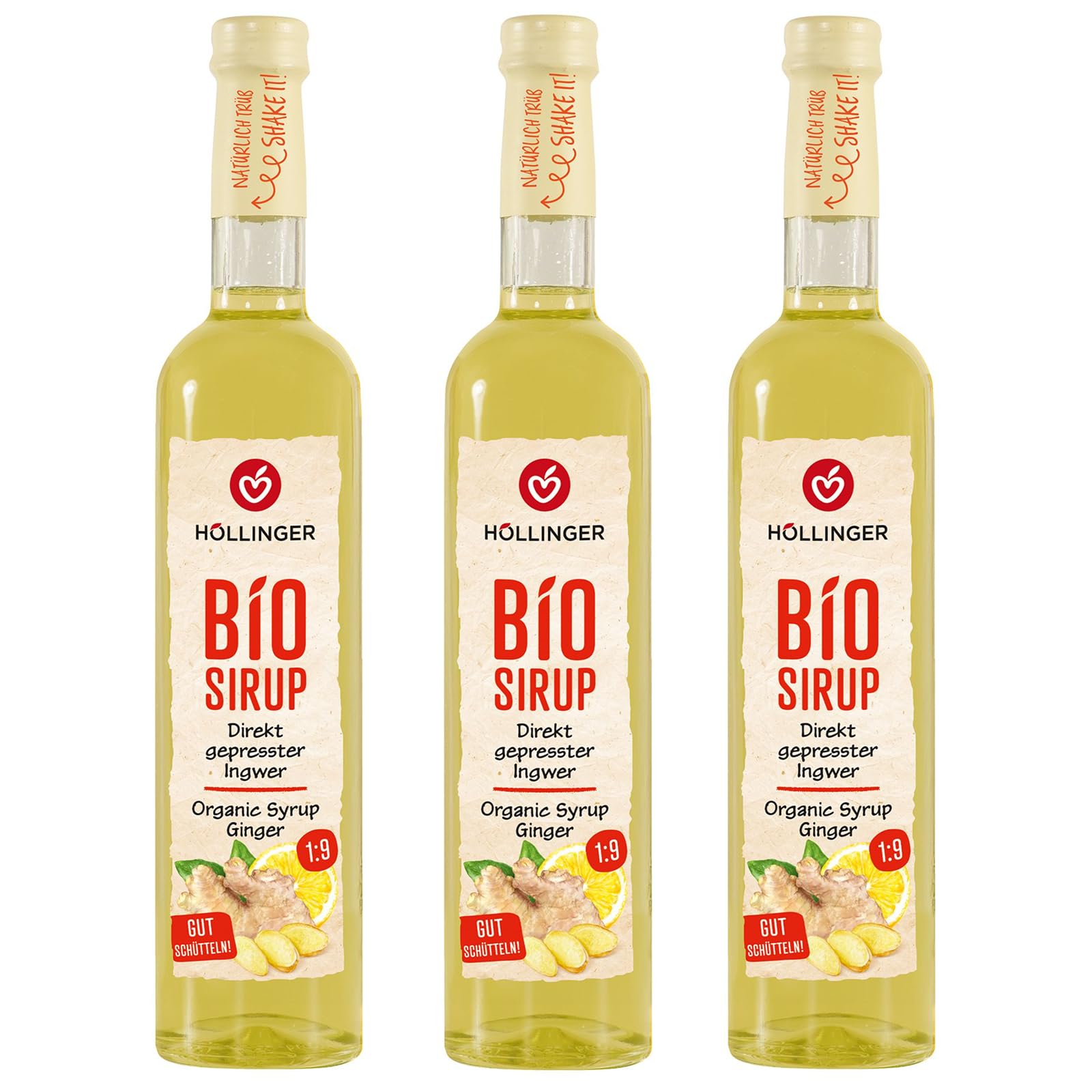 Höllinger Bio Ingwer Sirup - Vegan, 3x500ml Glas Flasche - feurige schärfe