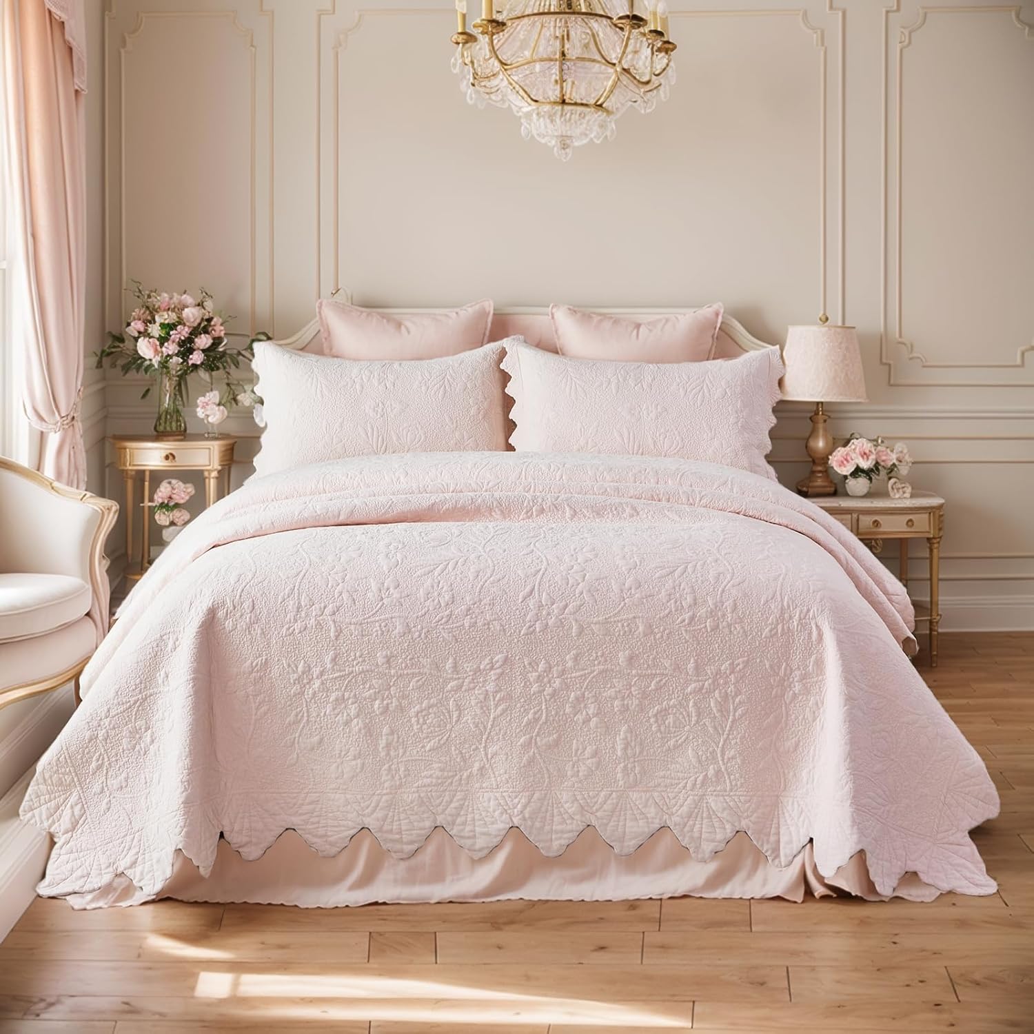 Brandream Queen Size Quilt Set Cotton Light Pink Quilts Cottagecore Bedding Set Matelasse Coverlet Set Scalloped Edge Quilts 3-Piece - Image 9