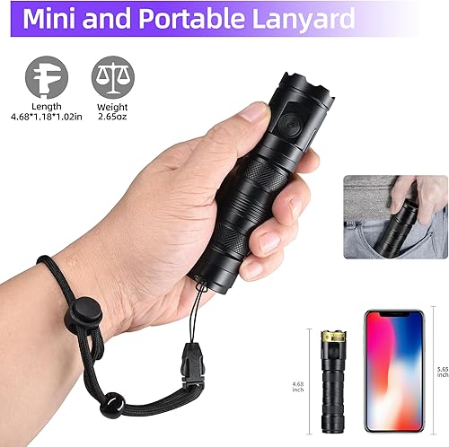 Miniatura 5 de DARKBEAM Linterna UV de 365 nm recargable de luz negra - 3 LED potentes linternas ultravioleta USB-C, mini lámpara de madera duradera - impermeable,