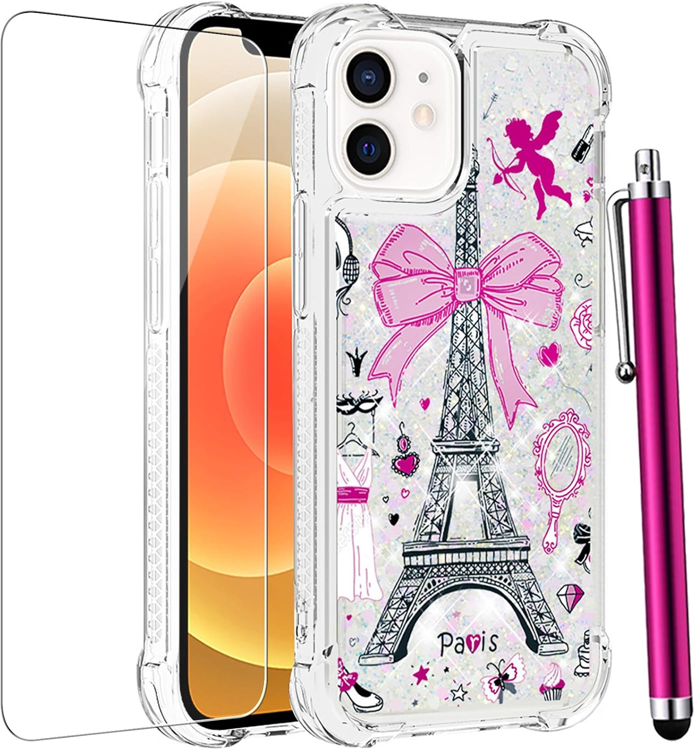 for iPhone 11 Case Glitter with Screen Protector, Cute Sparkle Bling Liquid Floating Women Girls Girly Phone Case Soft TPU Slim Shockproof Protective Cover for iPhone 11 6.1" (Pink)