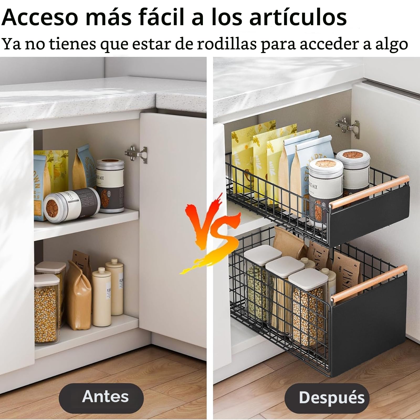 2 Piezas cajones extraibles para cocina, cajon extraible mueble más profundo con rieles para cajones y manija de madera, cajón extraíble de metal para gabinetes de cocina - 40 L x 24 W x 19,5 H CM