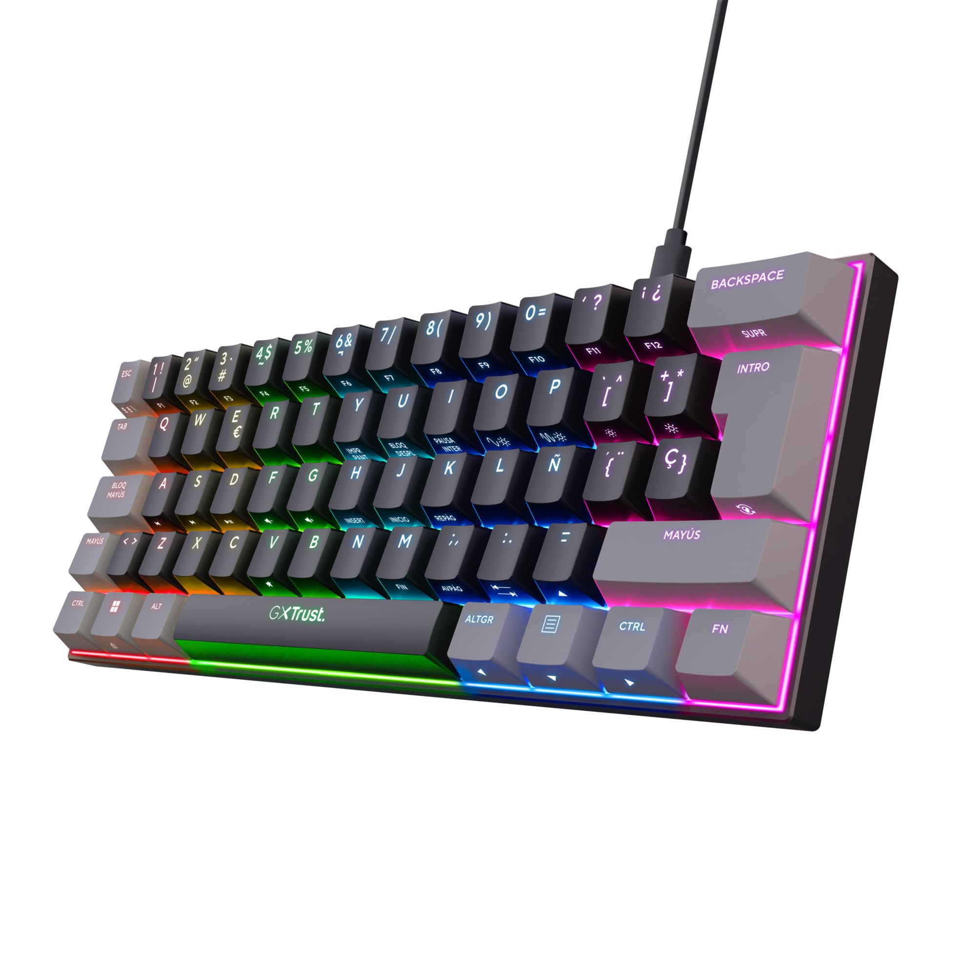 GXTrust 867 Acira Teclado Mecánico 60% Español QWERTY, Teclas de Doble Función, Iluminación RGB, Mini Teclado Gaming Compacto Programmable con Cable USB PC Portátil - Negro/Gris