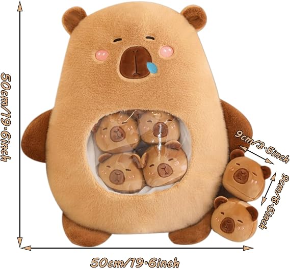 Capybara Plush with 6 Cute Babies Stuffed Animals,a Bag of Capybara Animal Snack Pillow,Super Soft Plushie Doll Pillow for Baby Boys Girls Toys(Brown)