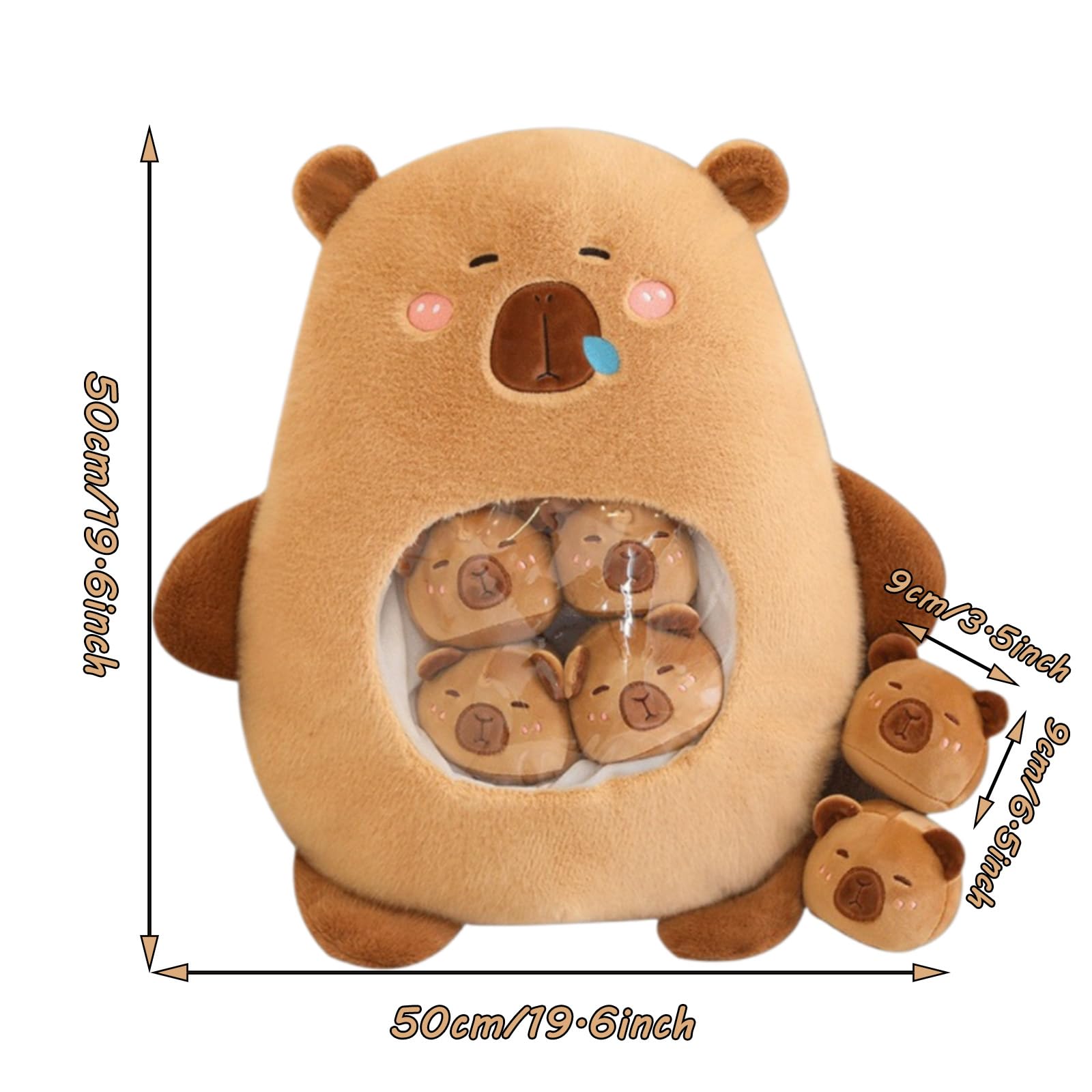 Capybara Plüsch mit 6 Niedlichen Babies, Stofftiere, Tasche mit Tier Snack Kissen, Super Soft Puppe Kissen für Baby Jungen Mädchen Spielzeug (Braun)