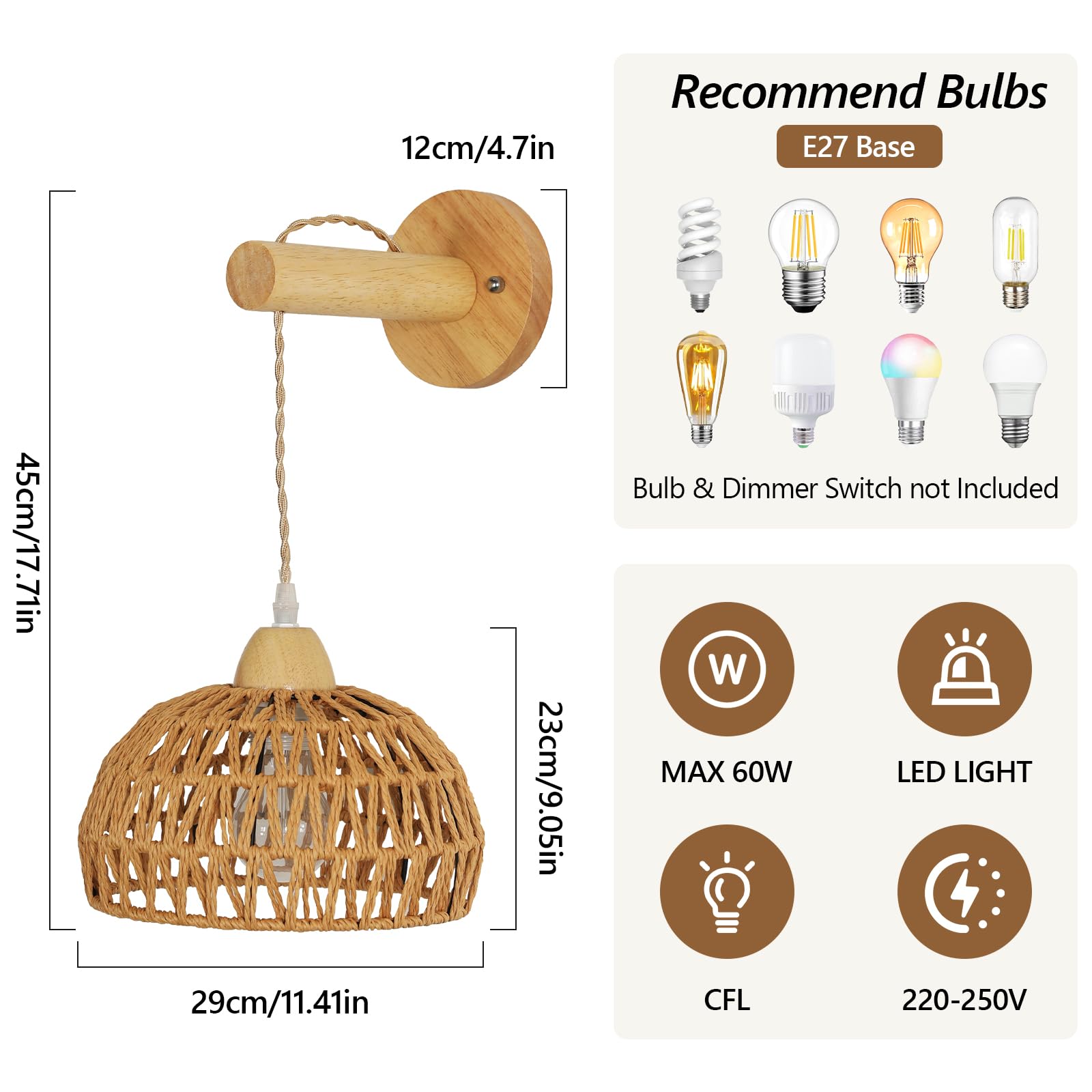 Applique Murale Bois Intérieur Vintage, E27 Lampes Murale Boho avec Abat-jour en Rotin, Bois Cage Applique Rotin Luminaire Murale E27 pour Salon Chambre Couloir Salle à Manger (Sans Ampoule)