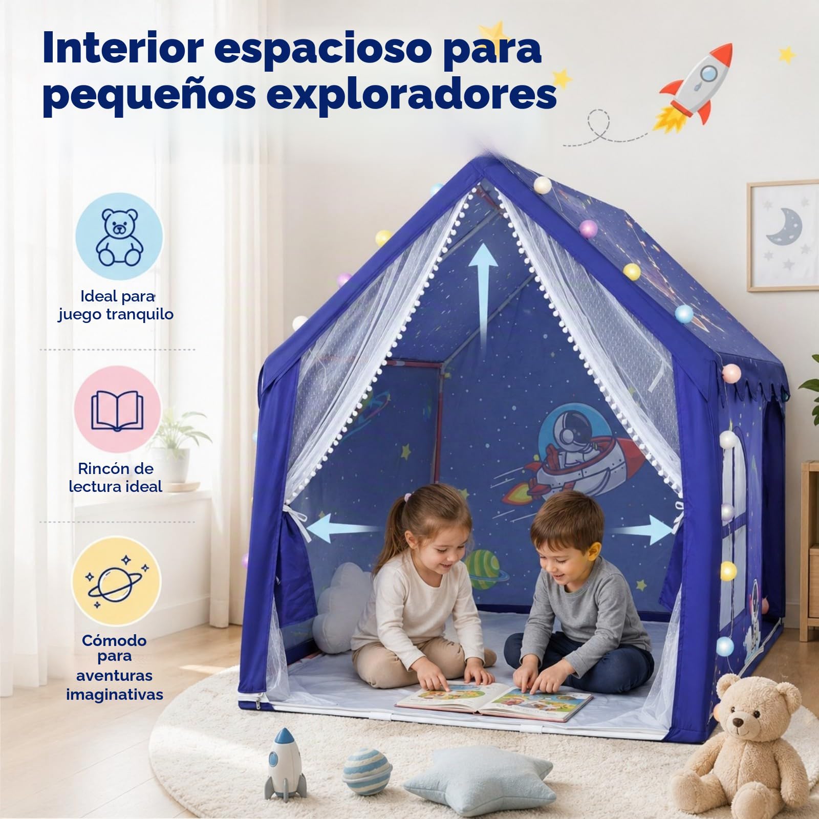 Tienda de Juegos Infantil con Luz LED y Alfombrilla Antideslizante | Tienda de Campaña Montaje Rápido, Dimensiones 160×105×128cm, Amplia Casita Infantil para Juegos en Casa, para Niños y Niñas