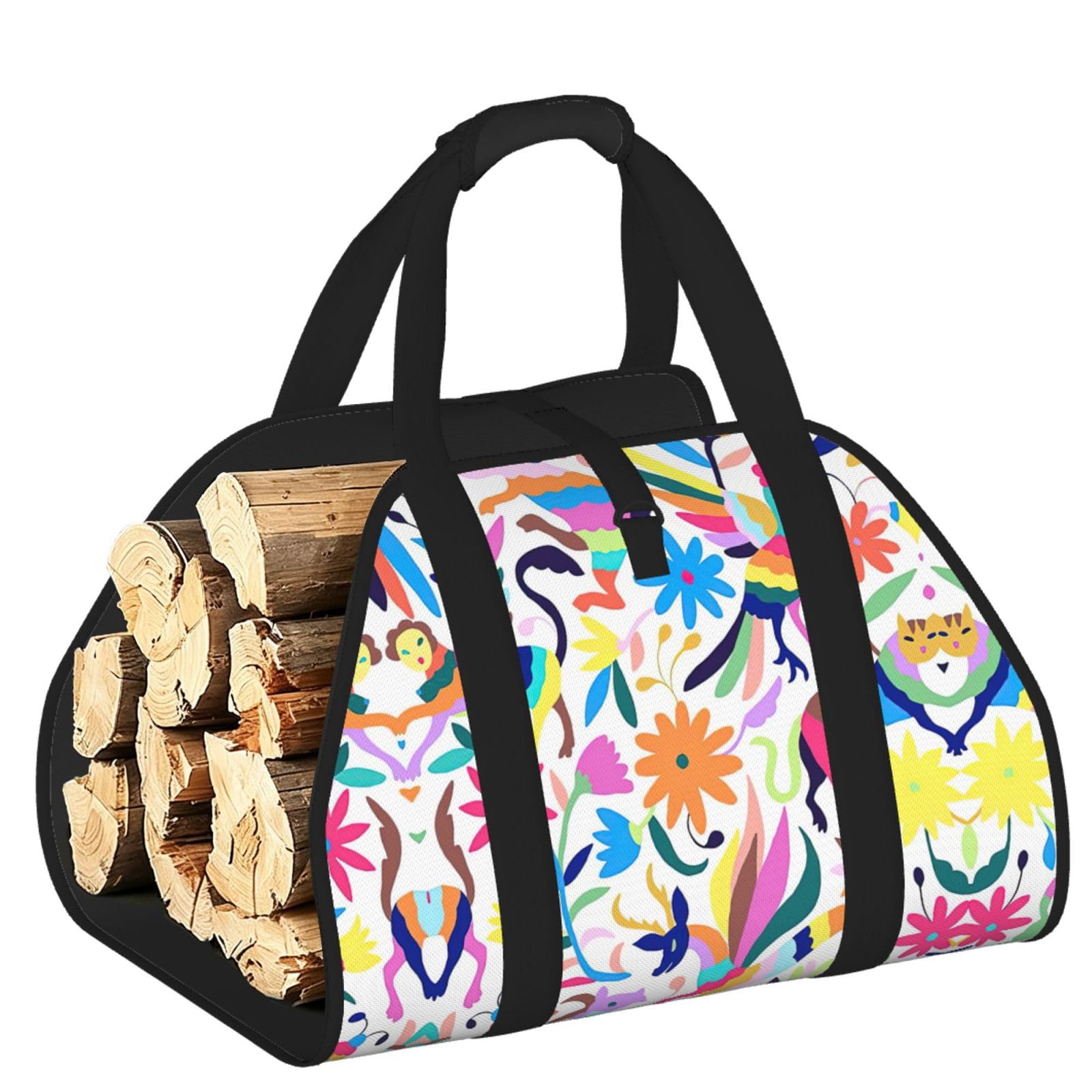 Mexican Otomi Animals Printed Firewood Carrier Bag, Log Tote with Open-Ended Design for Camping Outdoor Wood Hauling