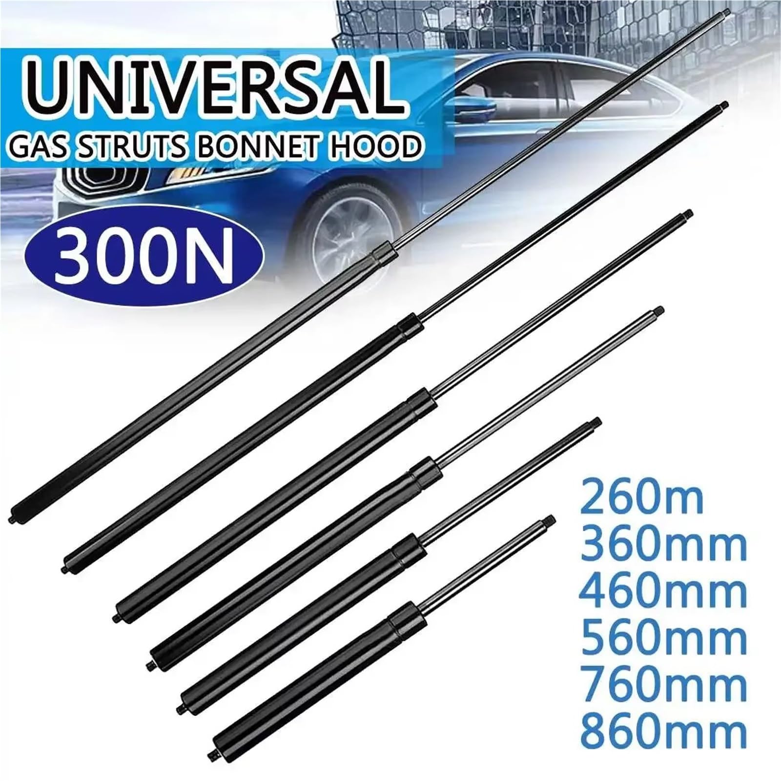 Générique Verins De Coffre 1 Pièces 300N 260-860mm pour RV Lit Fenêtre Bus Caravanes Voiture Barres Jambe Force À Gaz Ressort Capot Support Tige Amortisseur VéRins De Hayon(760mm)
