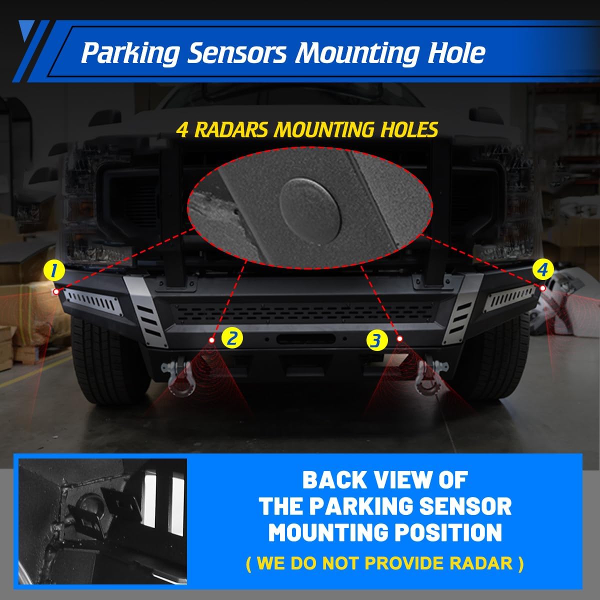 Image showing the parking sensor mounting holes on the AUTOWIKI bumper, with a close-up of a sensor installed.