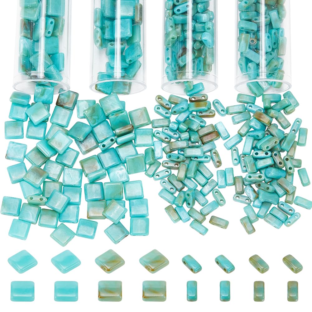 NBEADS440 Pcs 2 Styles Tila Beads, 5.2x5.2mm/2.3x5.2mm Acrylic Seed 2 Hole Spacer Beads for Jewelry Design Necklace Bracelet Earring Making, Dark Turquoise