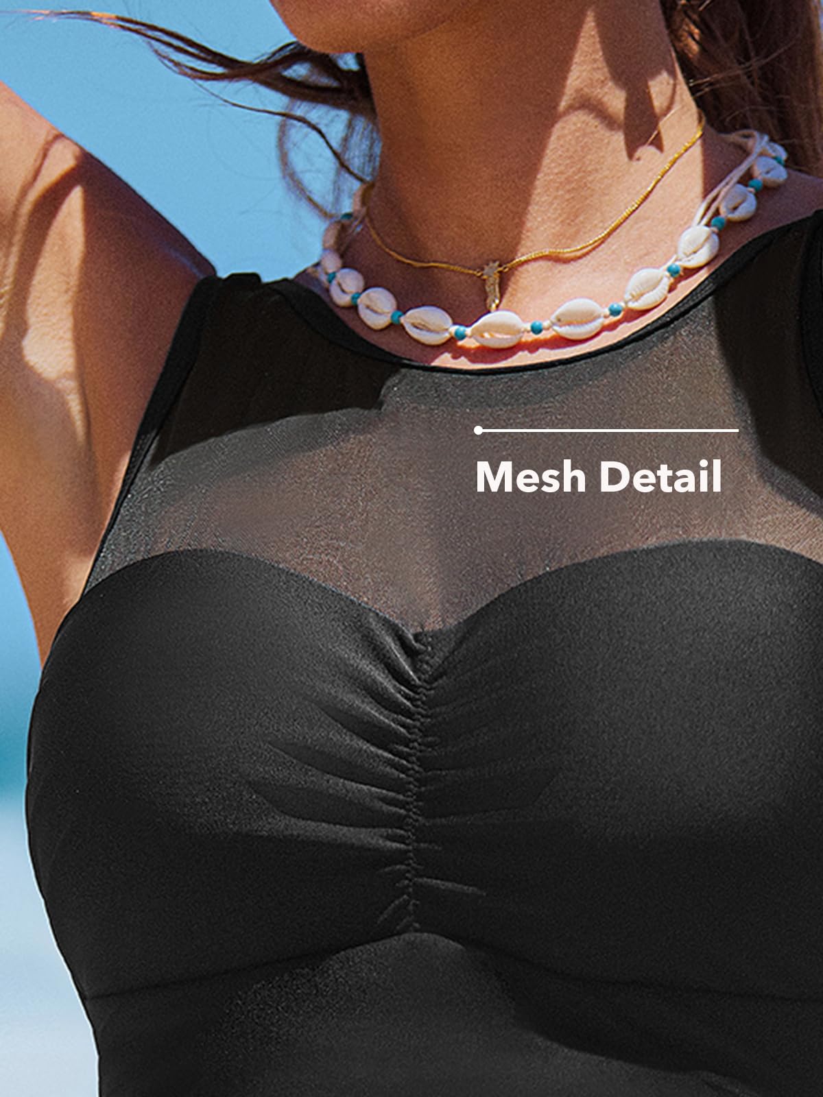 CUPSHE Costume da bagno da donna con scollo alto, tessuto a rete, arricciatura addominale, cinturino in tinta unita