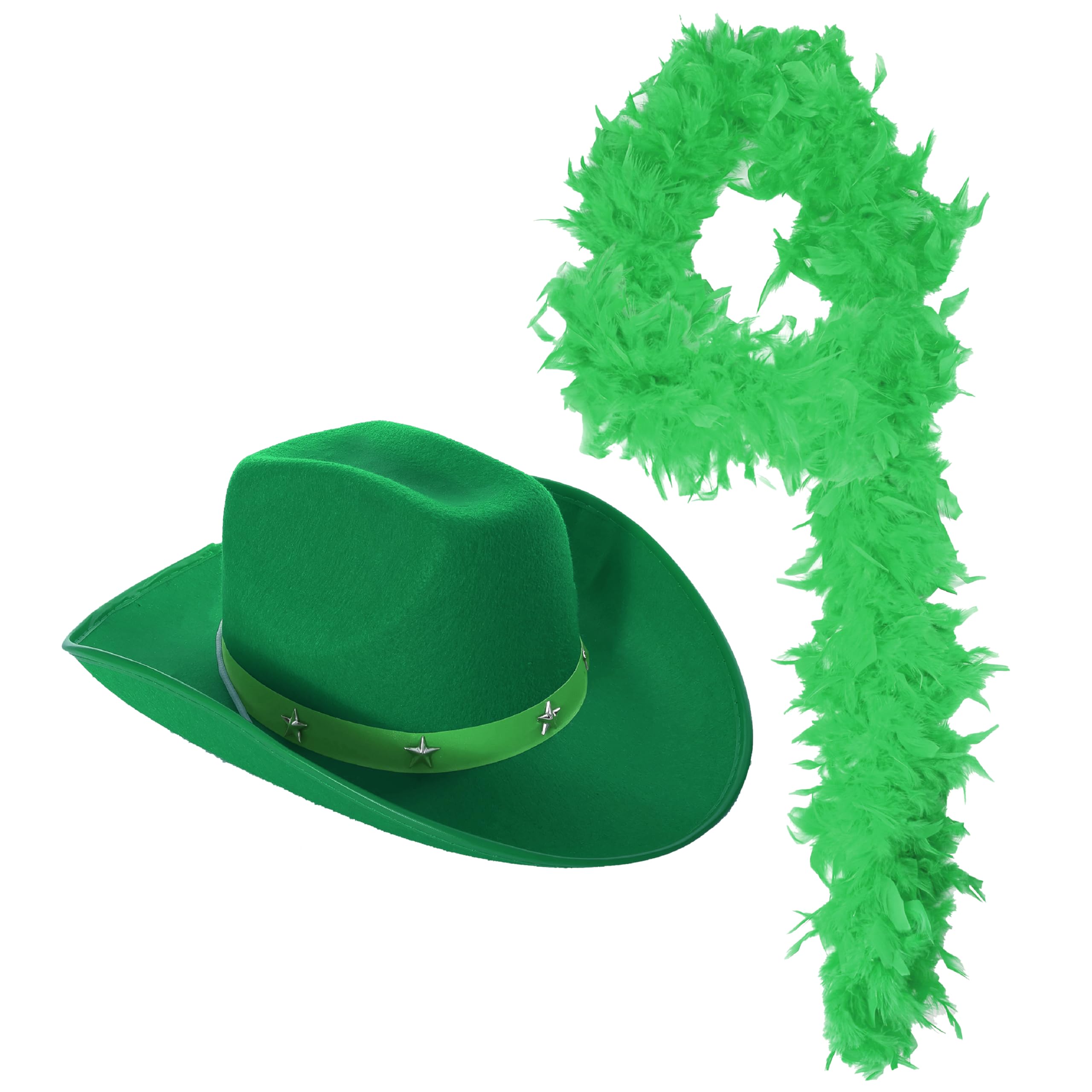 Sombrero de vaquero verde con tachuelas y boa de plumas, sombrero de vaquero verde y boa de plumas a juego, perfecto para el día de San Patricio y otros eventos de disfraces