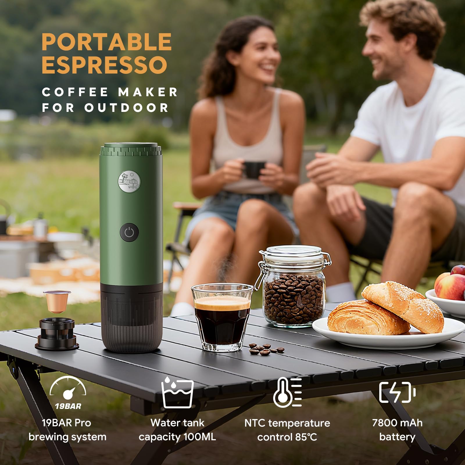 RECAFIMIL Tragbare 3-in-1-Kaffeemaschine, tragbare 19-bar-Espressomaschine mit automatischer Erwärmung, kompatibel mit NS- und DG-Kapseln und gemahlenem Kaffee für Camping, Reisen und Zuhause (Grün)