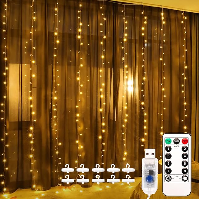 Fulighture Curtain Fairy Lights, 3x3m 300 LED String Lights, Remote Control Timer, 8 Modes Copper Light, USB Plug in, for Indoor Bedroom Wall Decor Party Wedding (Warm White)