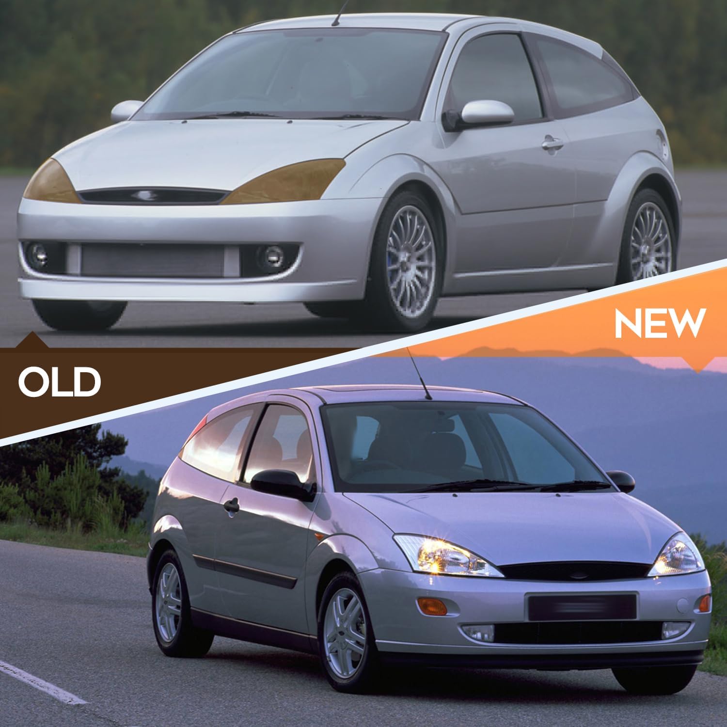 Headlight Assembly Compatible with 2000-2004 For FORD FOCUS Chrome Housing Amber Reflector Driver and Passenger Side Headlamp 3S4Z13008CD 3S4Z13008CC 3S4Z13008AD 3S4Z13008AC