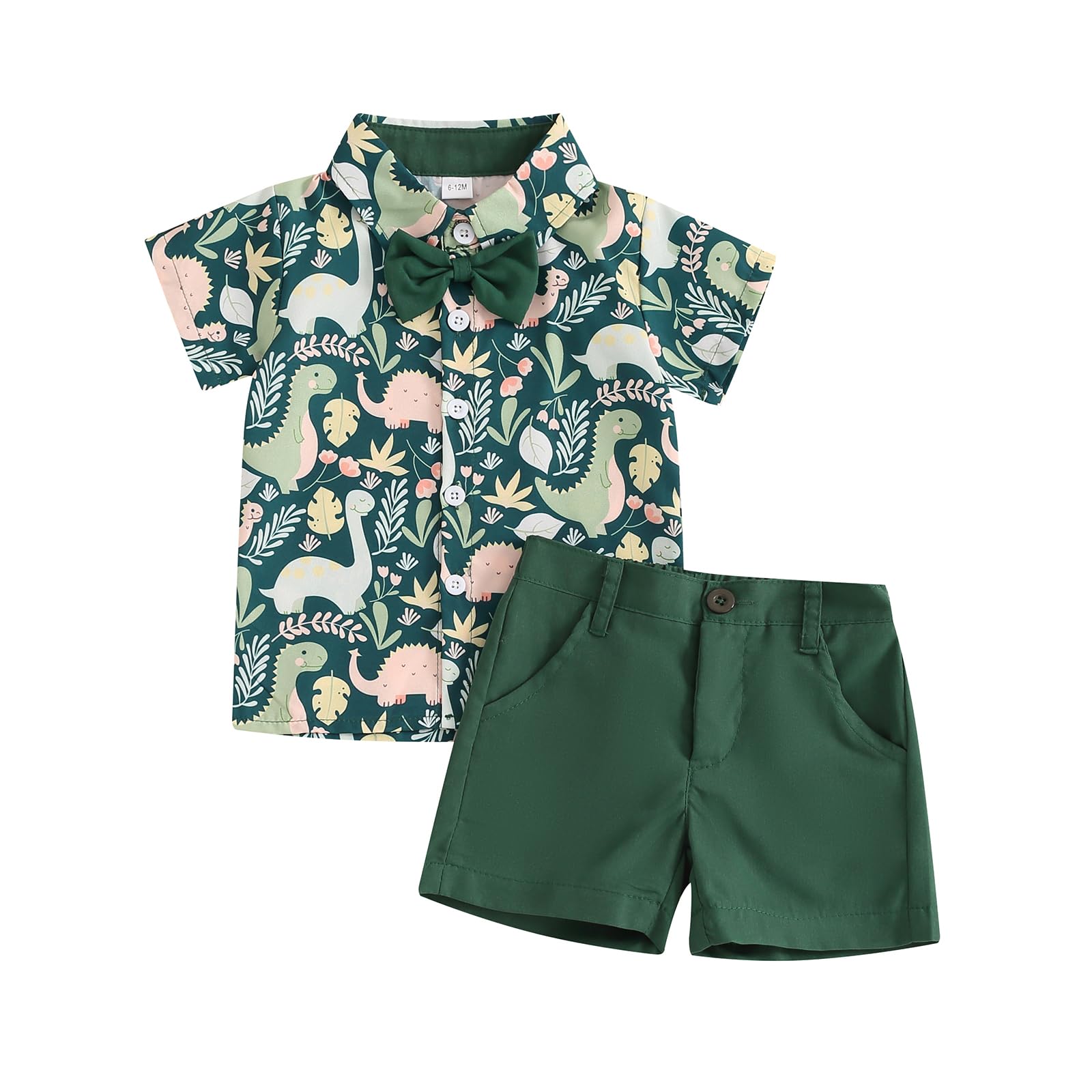 Tsnbre Toddler Baby Boy Clothes Shorts Set Dinosaur Print Shirt Short Sleeve Button Down Top Solid Shorts Summer Outfit