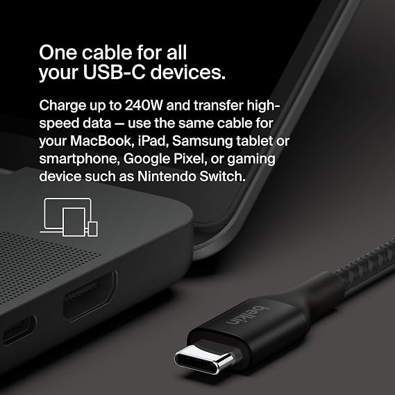 Belkin BoostCharge USB-C to USB-C charging cable, fast charging cable, 240W Power Delivery, USB-IF certified, compatible with iPhone 15, MacBook Pro, Chromebook, Samsung Galaxy, iPad, 1m – black