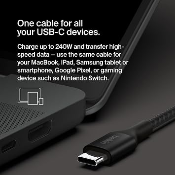 Belkin BoostCharge USB-C to USB-C charging cable, fast charging cable, 240W Power Delivery, USB-IF certified, compatible with iPhone 15, MacBook Pro, Chromebook, Samsung Galaxy, iPad, 1m – black