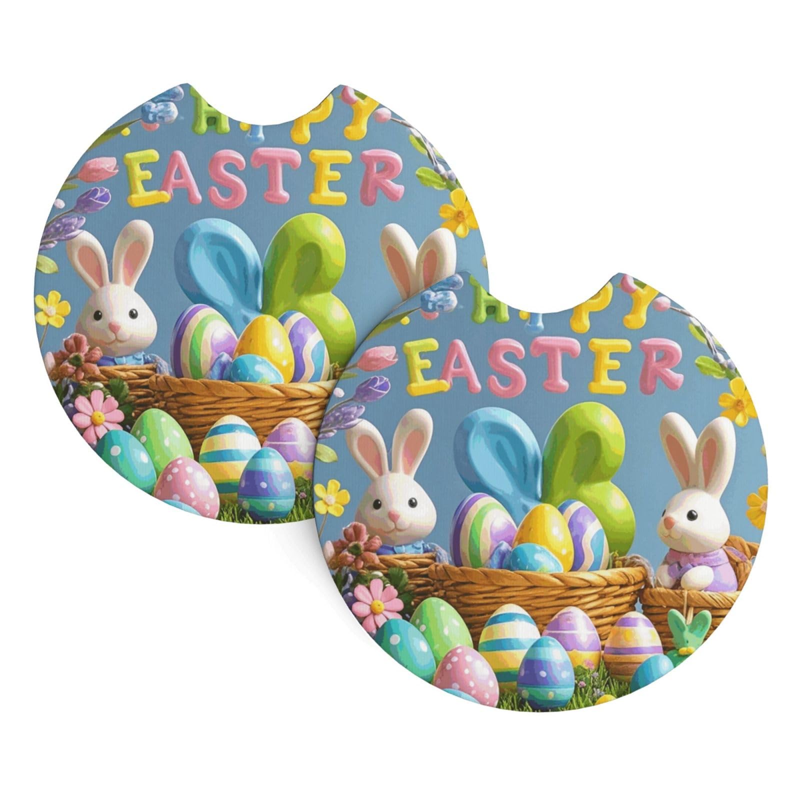 2 Pack Car Coaster for Cup Holders Happy Easter Car Cup Coaster 2.7" Neoprene Non-Slip Automotive Cup Mat Universal Auto Car Interior Accessories for Women Men Cup Pad