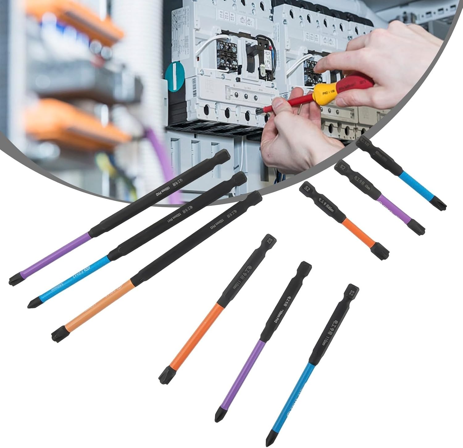 Special Slotted Cross Screwdriver Bit Set for Electrician, FPH1 FPH2 FPH3 Bits 65mm 110mm 150mm, Alloy Steel HRC63 Phosphated Black Rustproof, 9-Piece