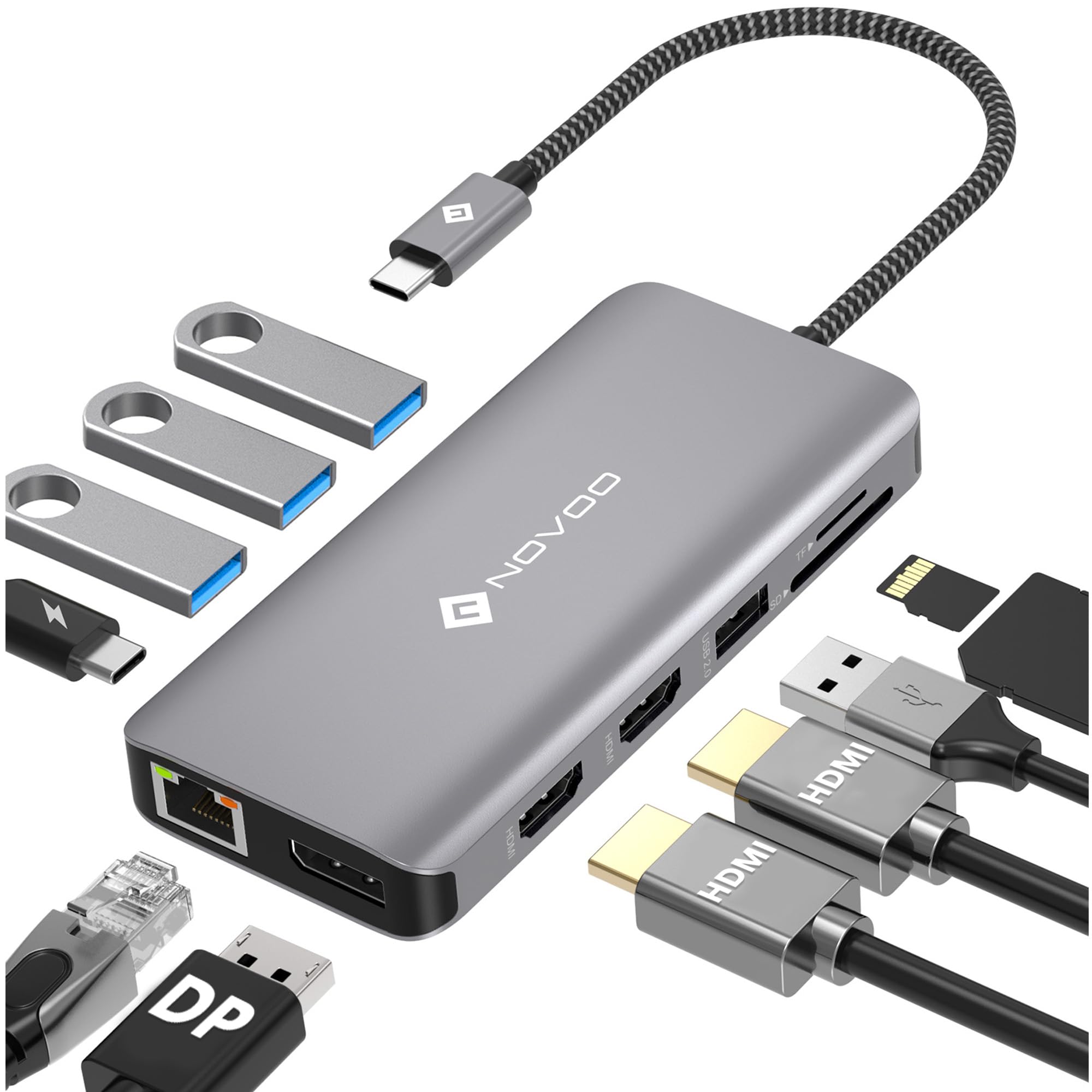 NOVOO Docking Station to Dual HDMI, 11-in-1 USB C to Dual HDMI, Displayport, USB x 4, Gigabit Ethernet, PD 100W, SD/TF, Docking Station for MacBook HP Dell XPS Lenovo