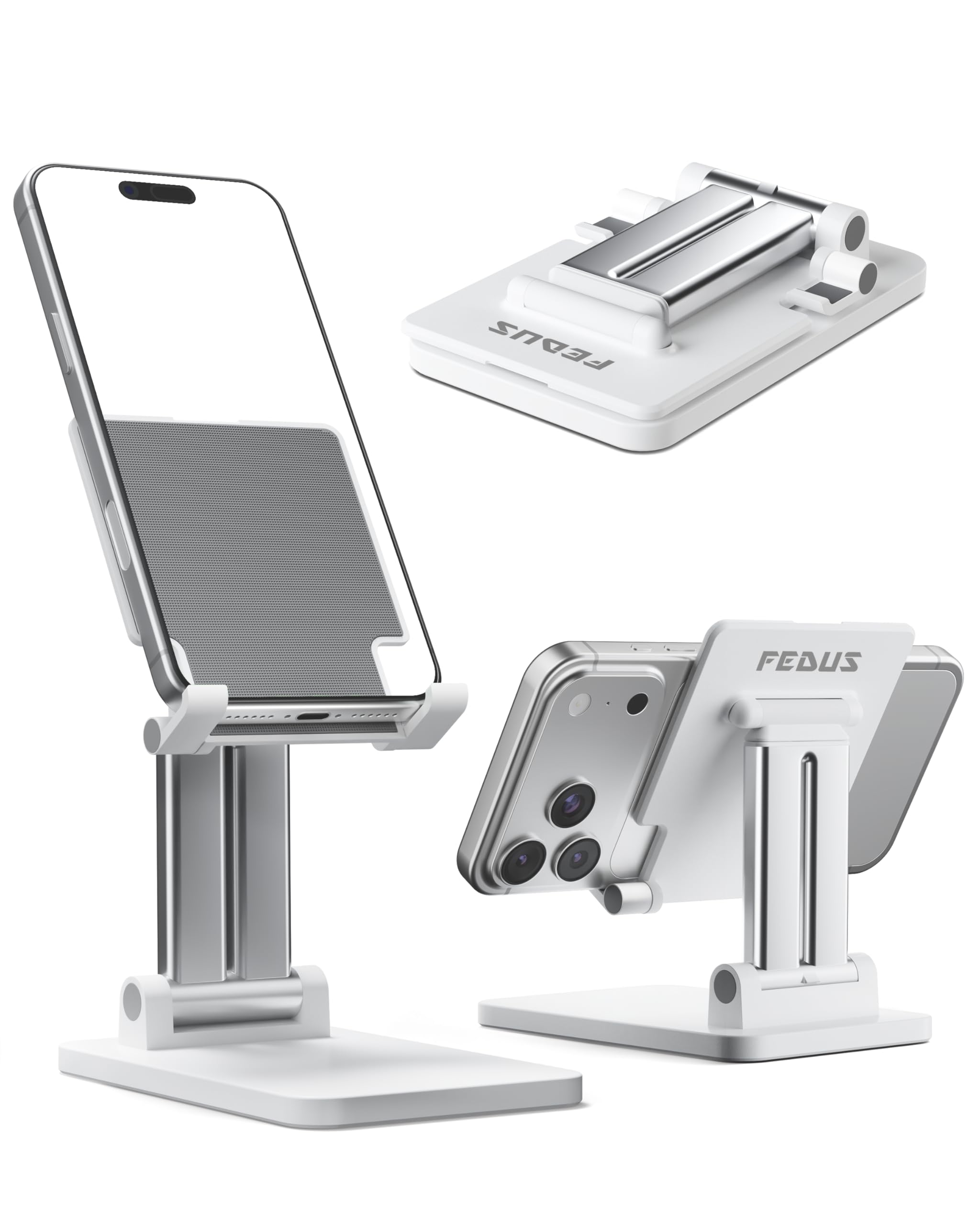 FEDUS ZEVO Foldable Mobile Stand for Desk Table, Telescopic Height & Angle Adjustable Phone Holder, Heavy Metal Weighted Base Anti-Slip Cell Phone Stand for 4-7" iPhone & Android Smartphones (White)-image-42