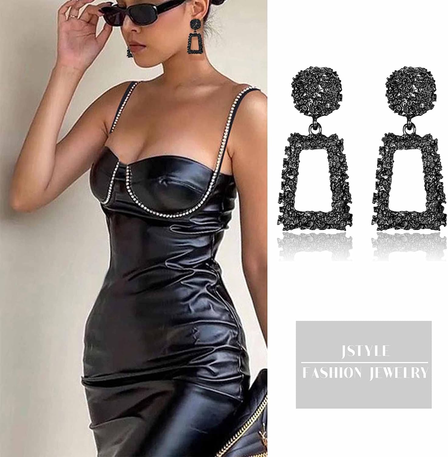 Jstyle Gold Statement Clip On Earrings for Women, Big Rectangle Geometric Dangle Clip Earrings Fashion Large Gold Silver Hot Pink Drop Earrings for Women Non Pierced
