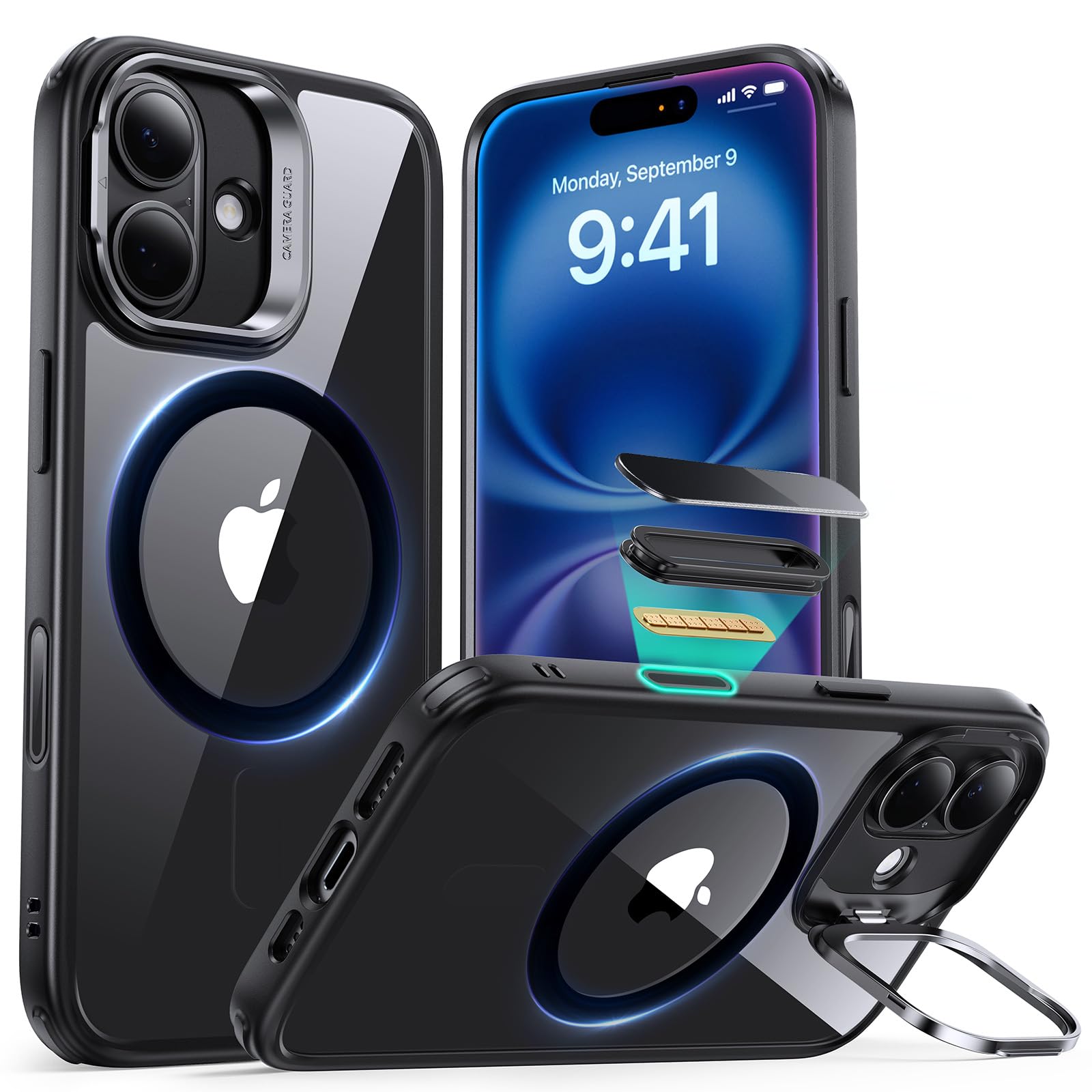 ESR for iPhone 16 Case, Compatible with MagSafe, Military-Grade Protective Case, Built-In Stash Stand Phone Case, Scratch-Resistant Back Cover, Classic Series, Clear Black
