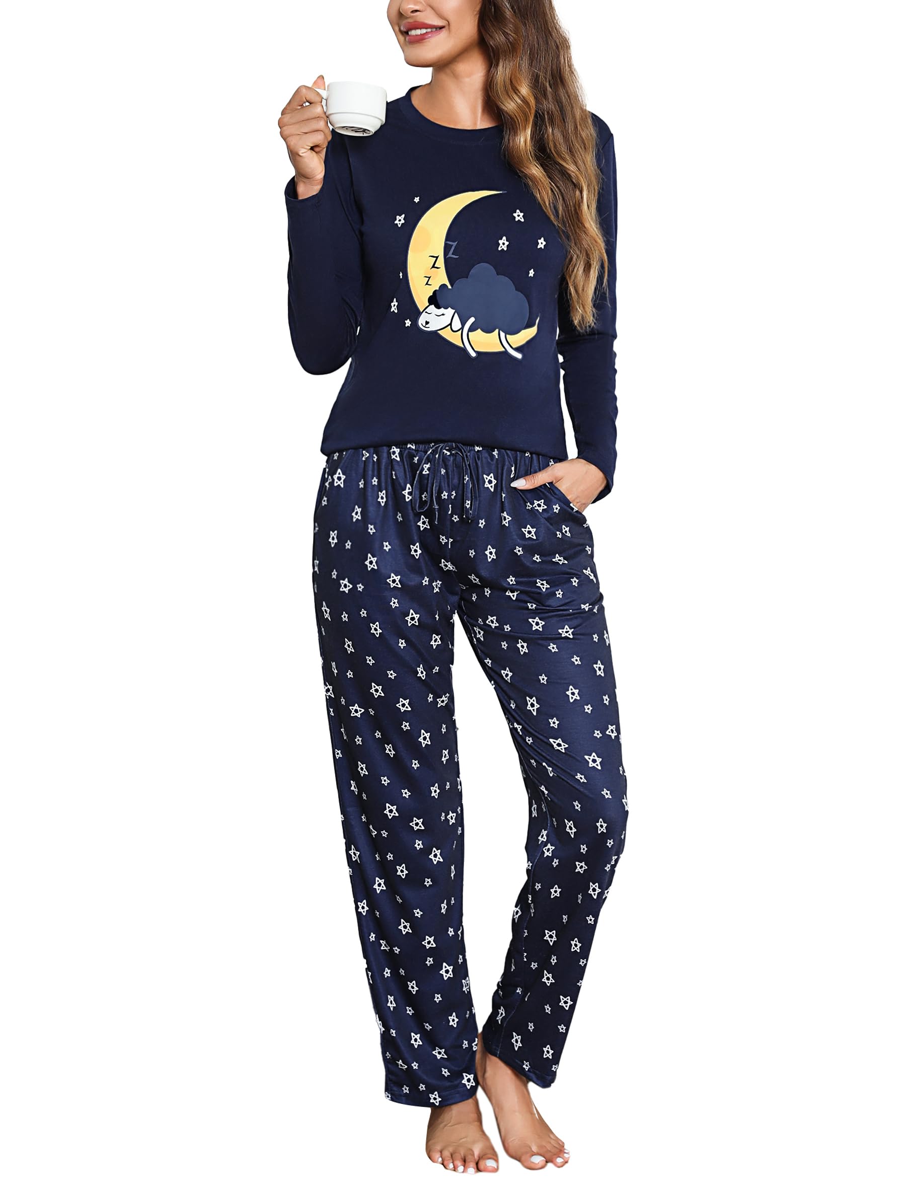 Aseniza Pigiama Donna Invernale Cotone Lungo Manica Lunga Pigiama da Donna con Tasca Due Pezzi Pigiami S-XXL
