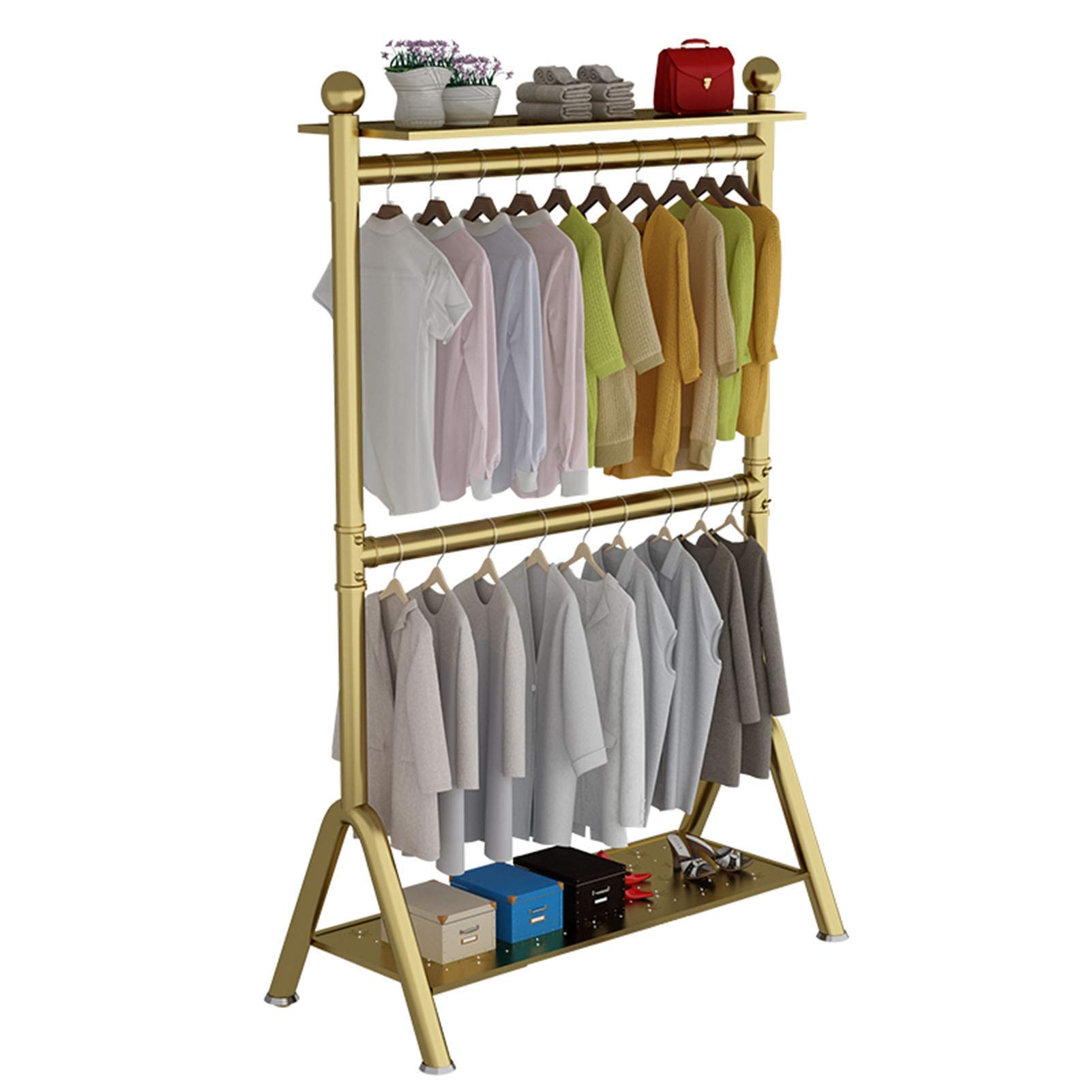 YNBSHGAA Household Wrought Iron Garment Rack Floor Standing Display Rack 2-Layer Multifunctional Garment Rack