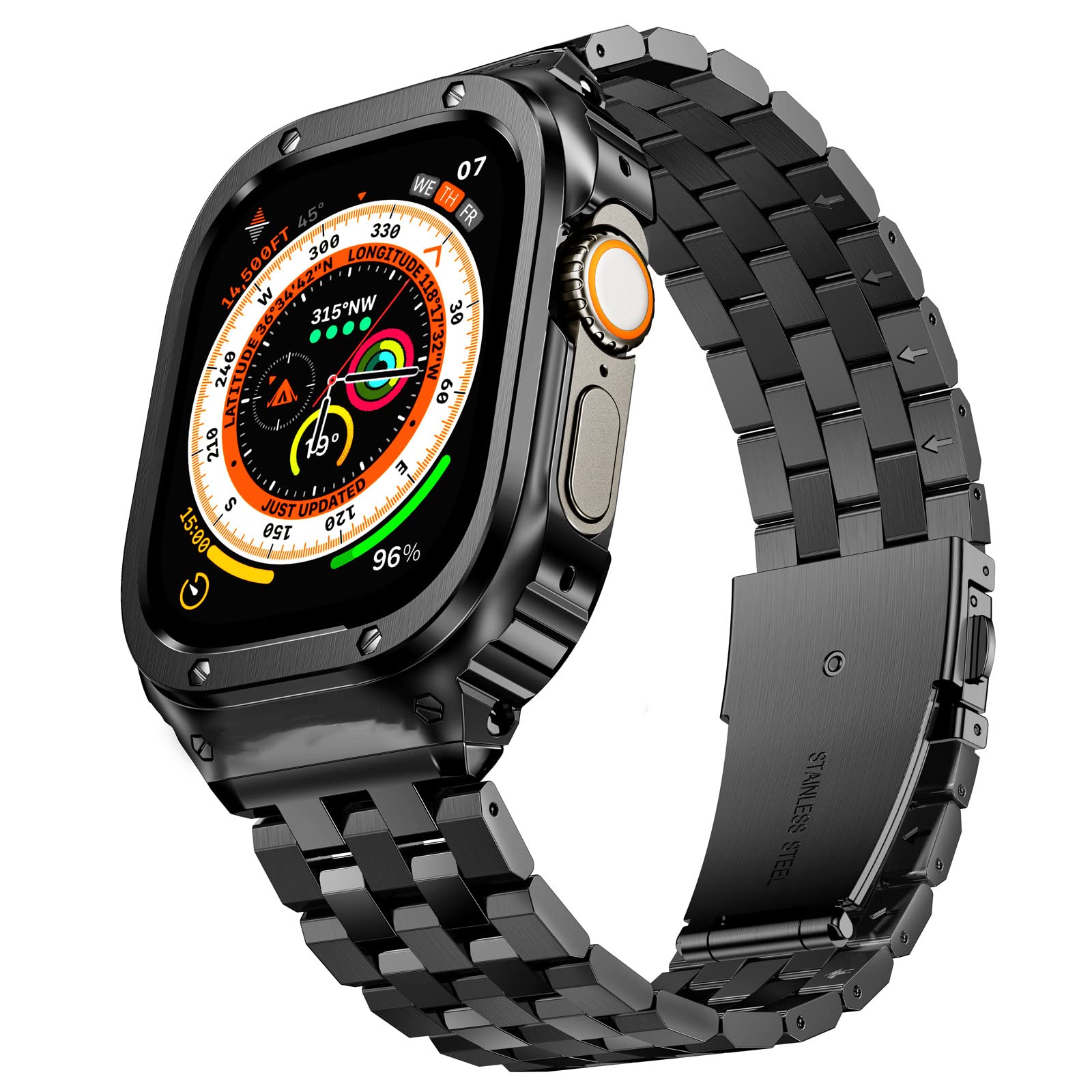 SUPLINK Stainless Steel Case with Band Compatible Apple Watch Bands 40mm/41mm/44mm/45mm/49mm,Metal Rugged Protector Cover Bumper Strap for iWatch Ultra Series 8/7/6/5/4/SE for Men