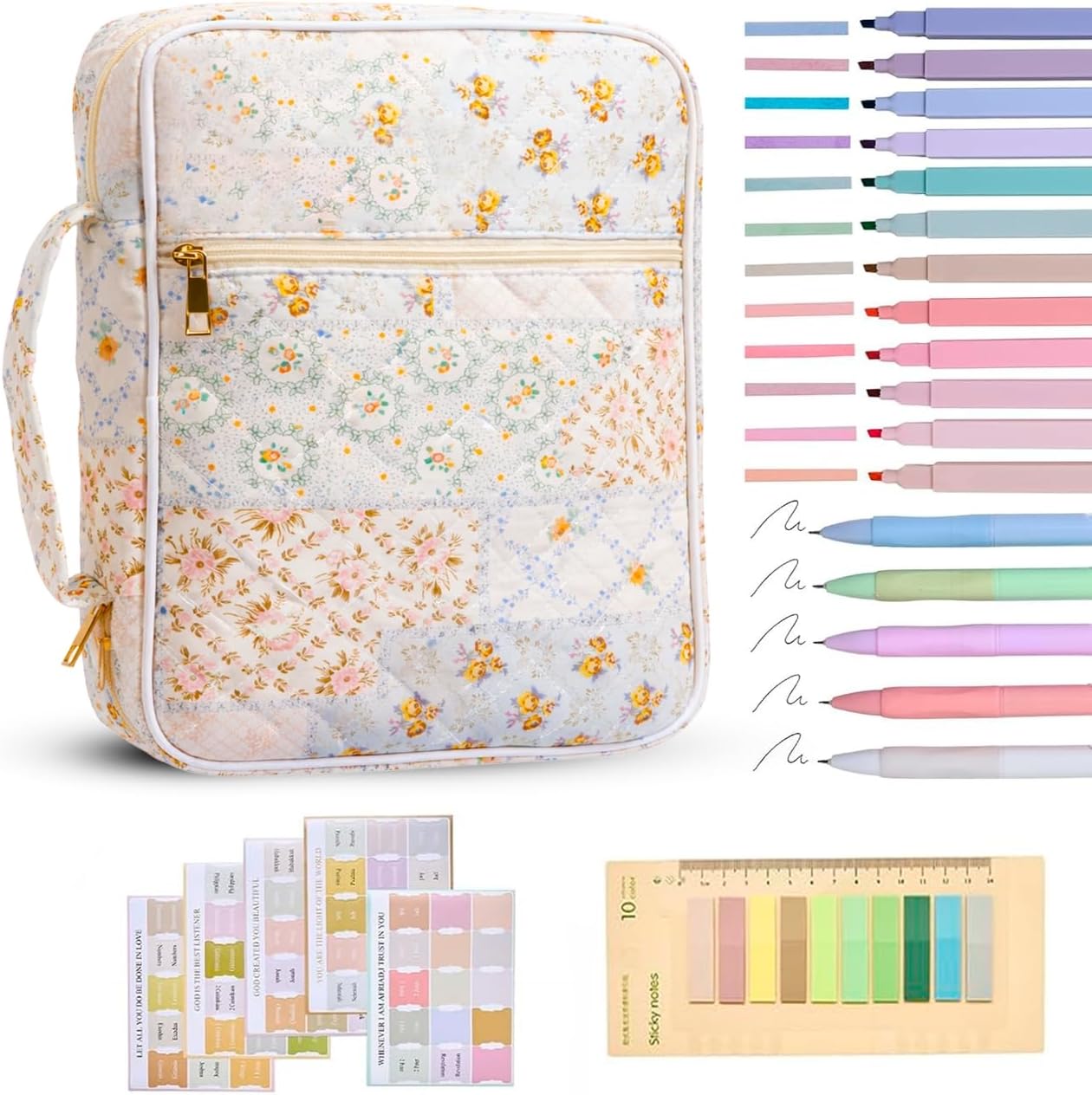 Bible Bag for Women, Bible Cover Case with Study Supplies,Large Quilted Bible Bag with Handle and Zipper, Suitable for Christian Books-Christian Gift for Girls(Small Floral Pattern)