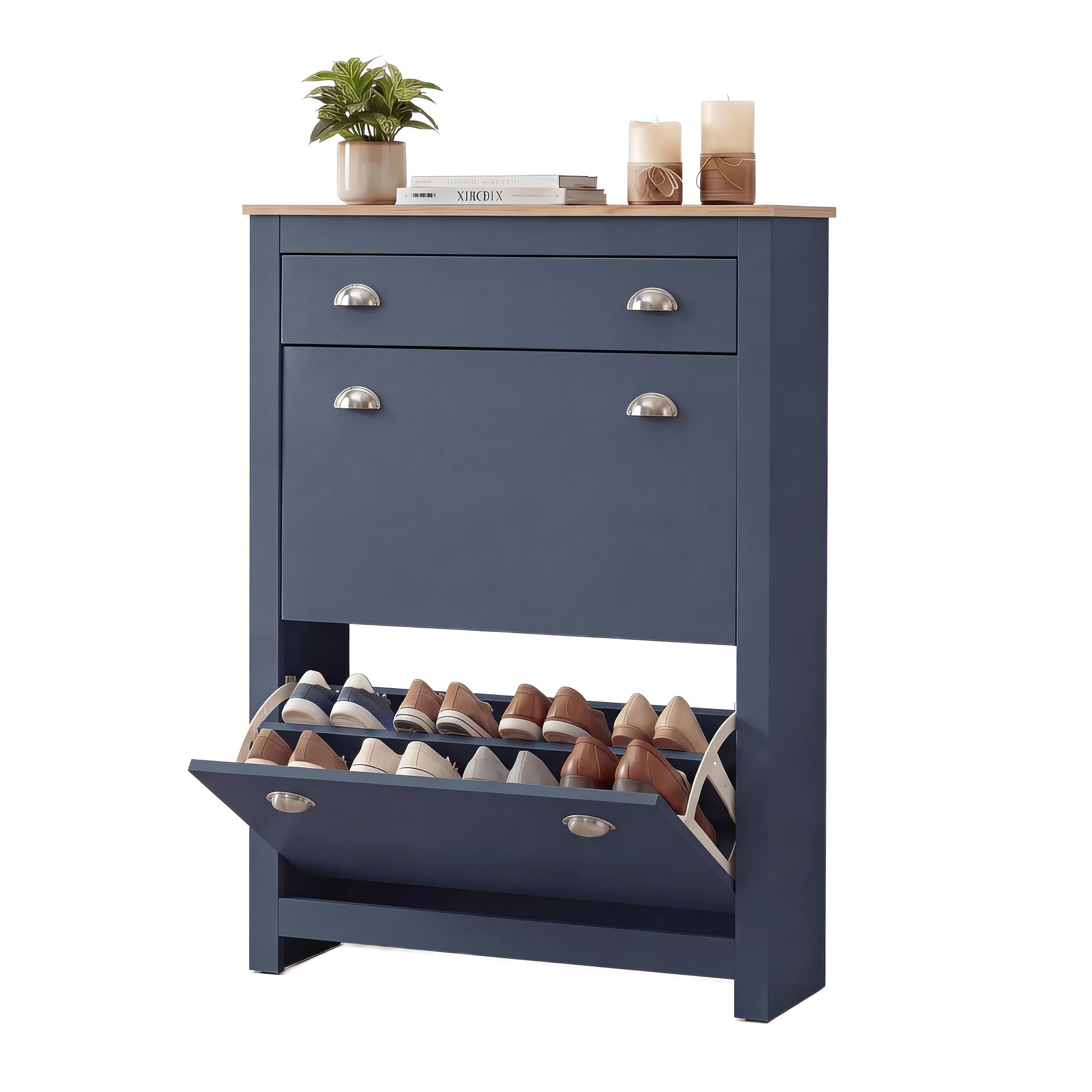 Shoe Storage Cabinet with 2 Flip Drawers & 1 Drawer Narrow Wooden Shoes Rack Cabinet, Freestanding Shoe Organizer Storage for Entryway, Hallway Blue 87.5W x 26D x 110H cm