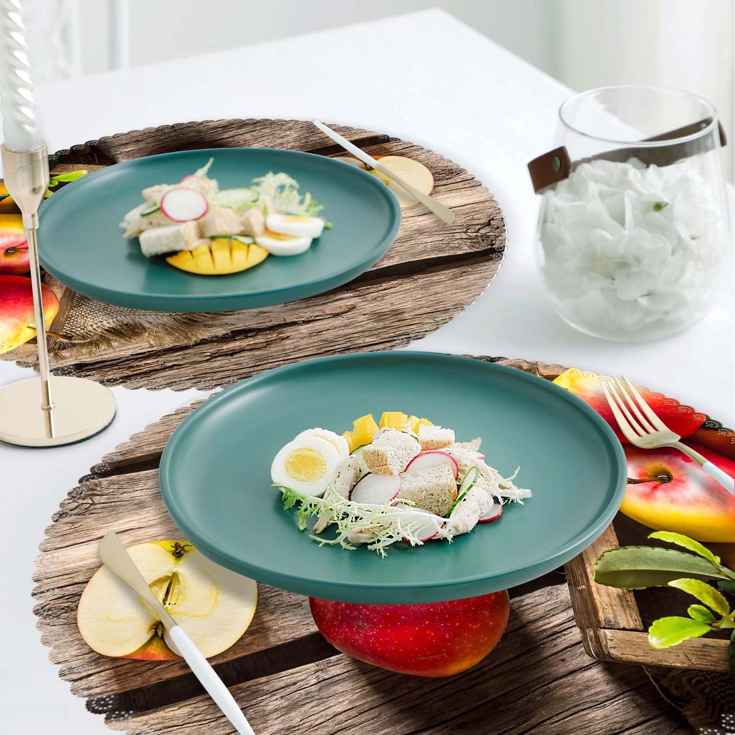 Placemats,Round Placemats Washable Polyester Table Mats Set of 4 Heat Resistant Placemats for Kitchen Dining Table Decoration - Apple Farmhouse Wooden Table