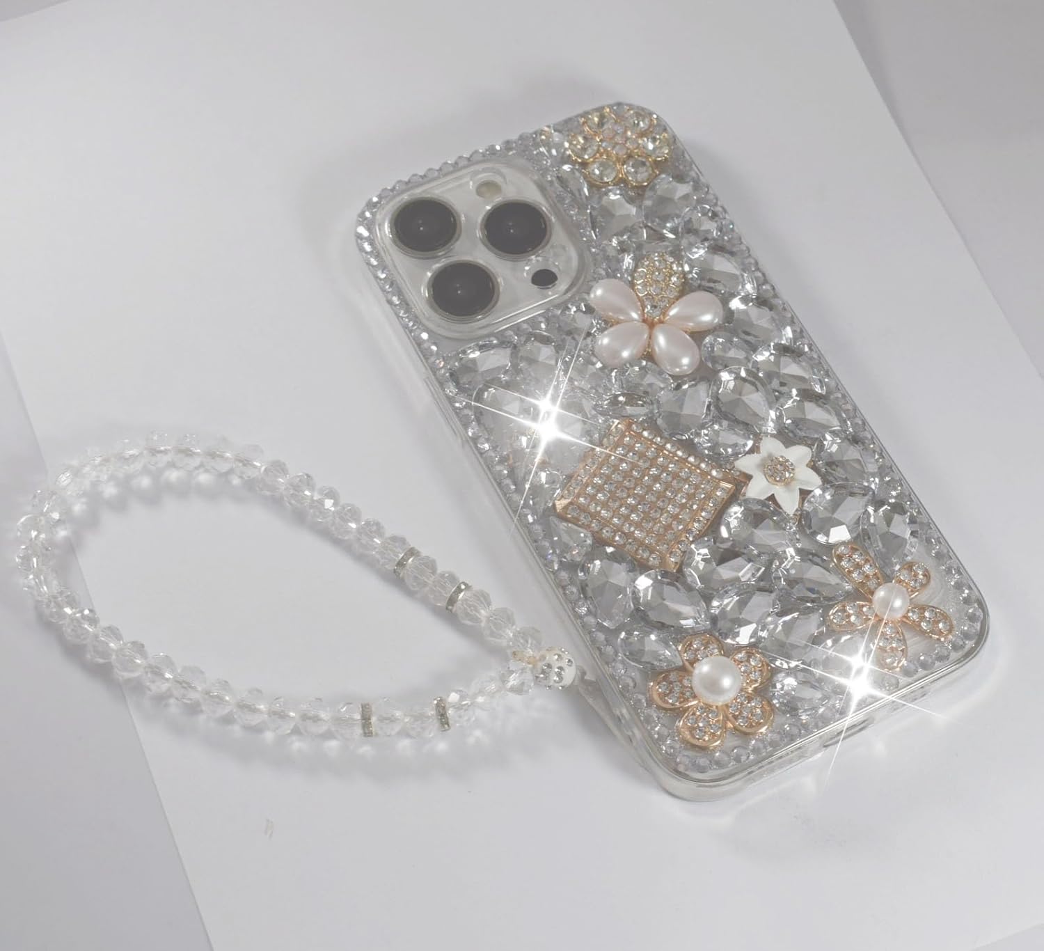 for iPhone 16 Pro Max Bling Case with Wrist Strap for Women Girls Luxury 3D Glitter Diamond Crystal Rhinestone Sparkle Shiny Gemstone Perfume Bottle and Flower Cover Soft TPU Bumper - Image 2