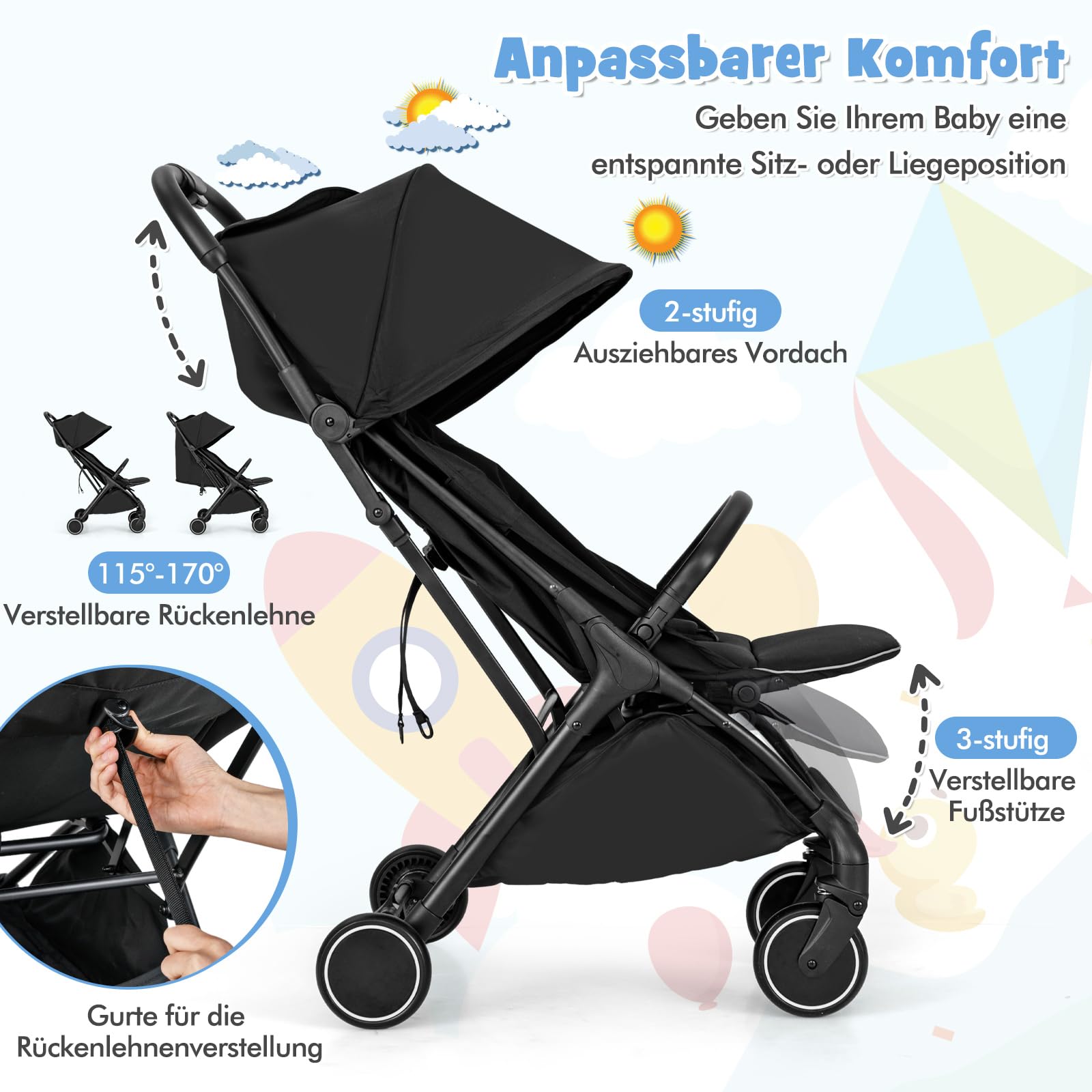 COSTWAY Kinderwagen klappbar, Reisebuggy mit Liegefunktion, Kinderbuggy tragbar mit verstellbarer Rückenlehne, Verdeck & Fußstütze, Babywagen mit Sicherheitsgurt bis 15 kg Belastbar (Schwarz)