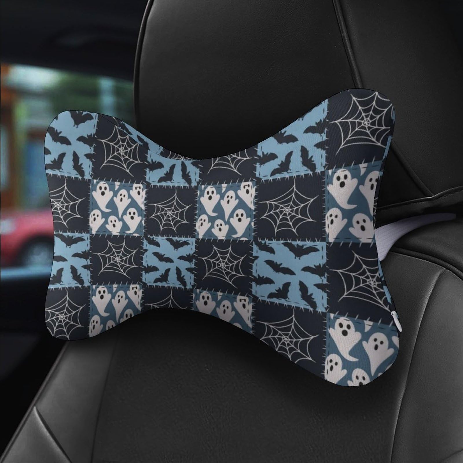SMAZDFXX Bat Ghost Spider Web Halloween Car Neck Pillow Set of 2 Car Seat Head Support Cushion Bone Pillows with Elastic Strap