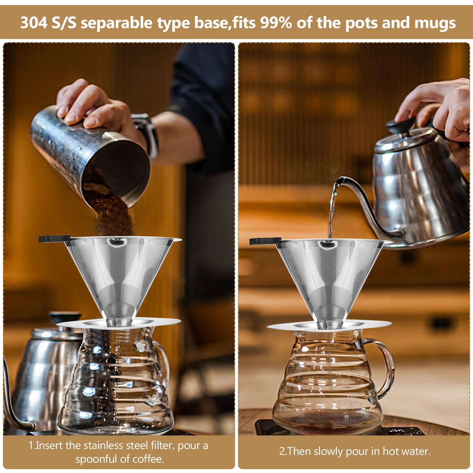 Filtre à Café Réutilisable En Acier Inoxydable - Entonnoir Pour Over Permanent Avec Support