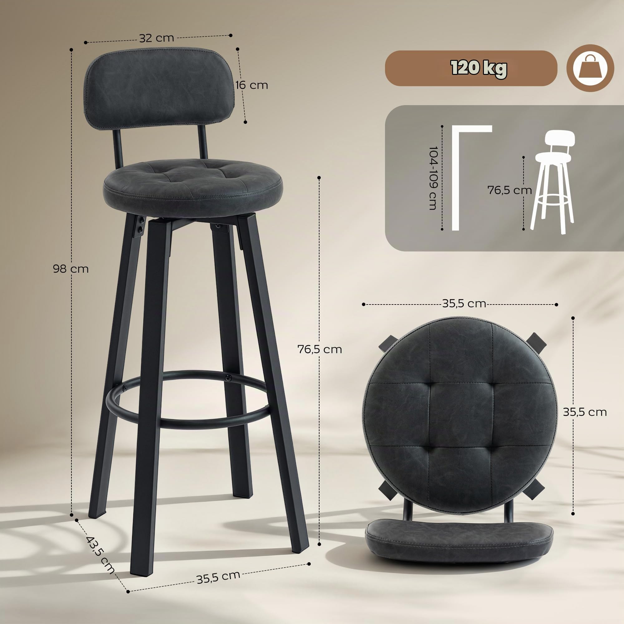 HOMCOM Juego de 2 Taburetes de Bar con Respaldo Tapizados PU Gris Oscuro | Taburetes Altos de Cocina Giratorios, Marco de Metal, Reposapiés, Asiento de 76,5 cm de Altura