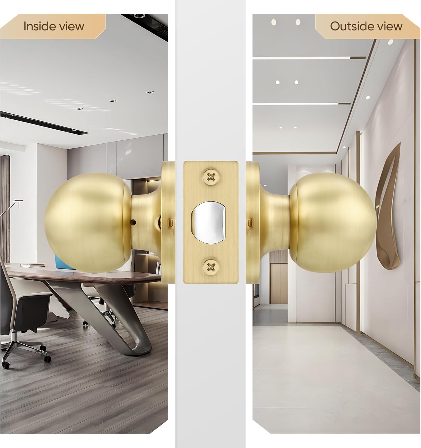Leydebong 5 Pack Interior Door Knobs, Satin Brass Door Handles, Keyless Non-Locking Passage Door Knobs