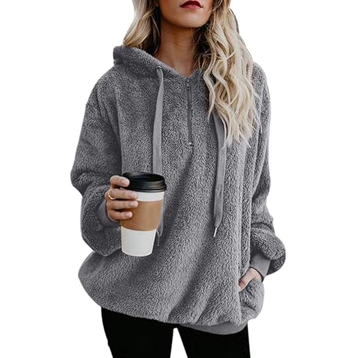 Century Star Womens Fuzzy Hoodies Pullover Sport Hoodie Cozy Oversized Pockets Hooded Sweatshirt Athletic Fleece Hoodies Grey Medium
