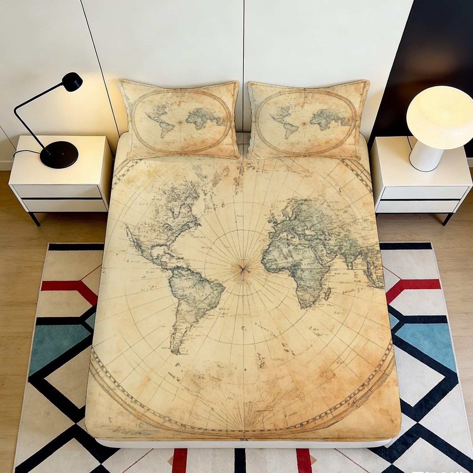 3D Printed Vintage World Map Fitted Sheet Microfiber Soft Earth Globe Bed Cover for Bedroom Dorm Mattress Decor 90x200x25cm