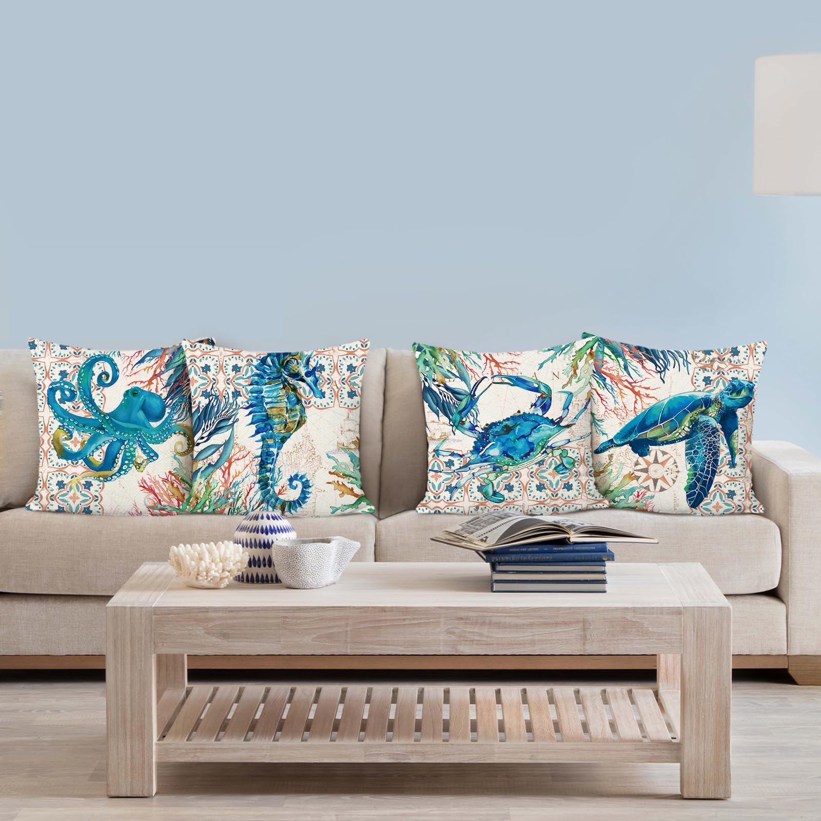 EHOMERY Funda Cojín Algodón Fundas Almohada Sofa Océano De Dibujos Animados Poliéster Hogar Y Cocina Funda Cojín Algodón Fundas Almohada Sofa Decoración De Sofás Azul 50X50 Cm
