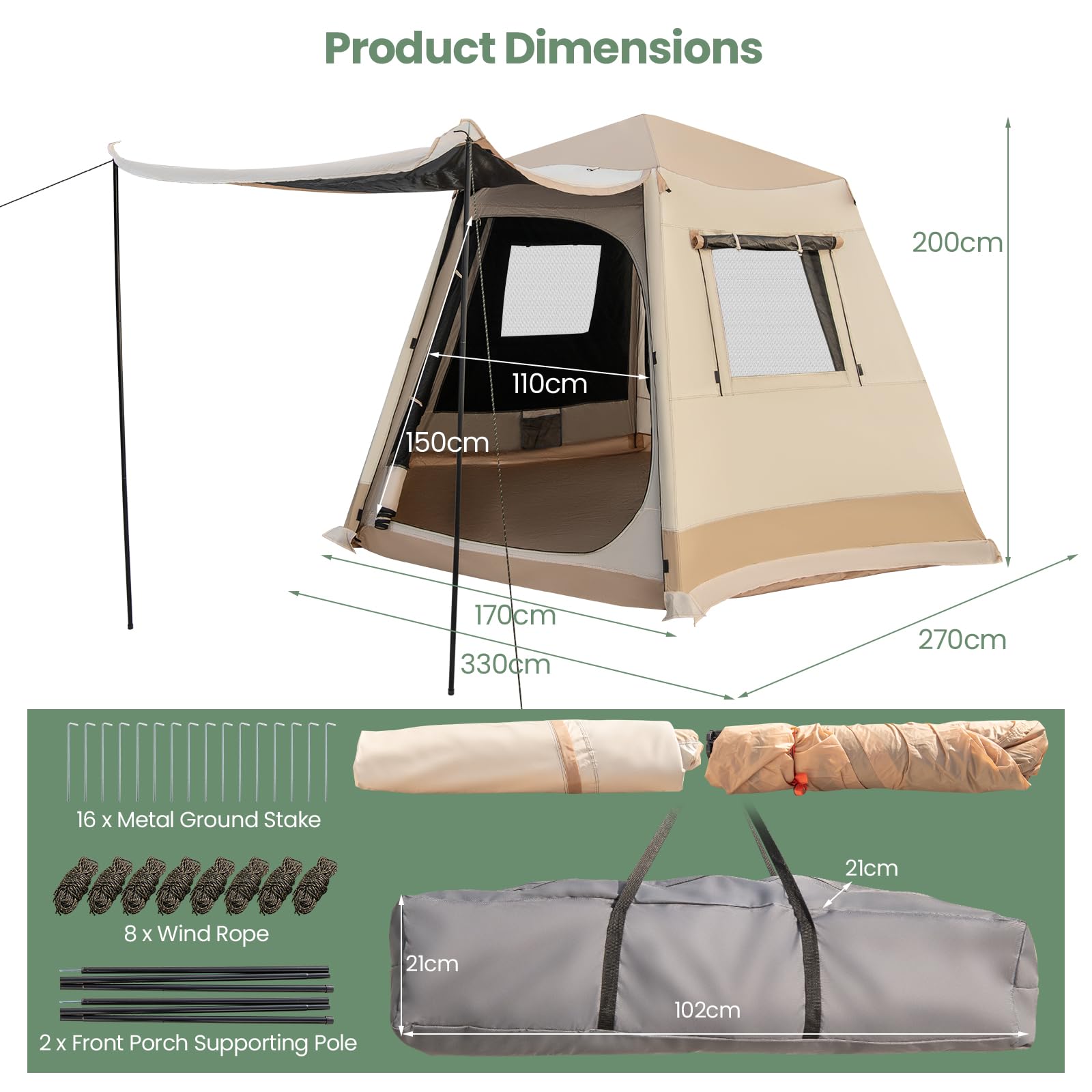 HOMASIS Tenda Campeggio Esagonale per 4-6 Persone, Tenda Pop-up Automatica con Doppia Porta e Borsa da Trasporto, Tenda Famigliare con Zanzaziera per Escursioni, Spiaggia, 330 x 270 x 200 cm, Beige