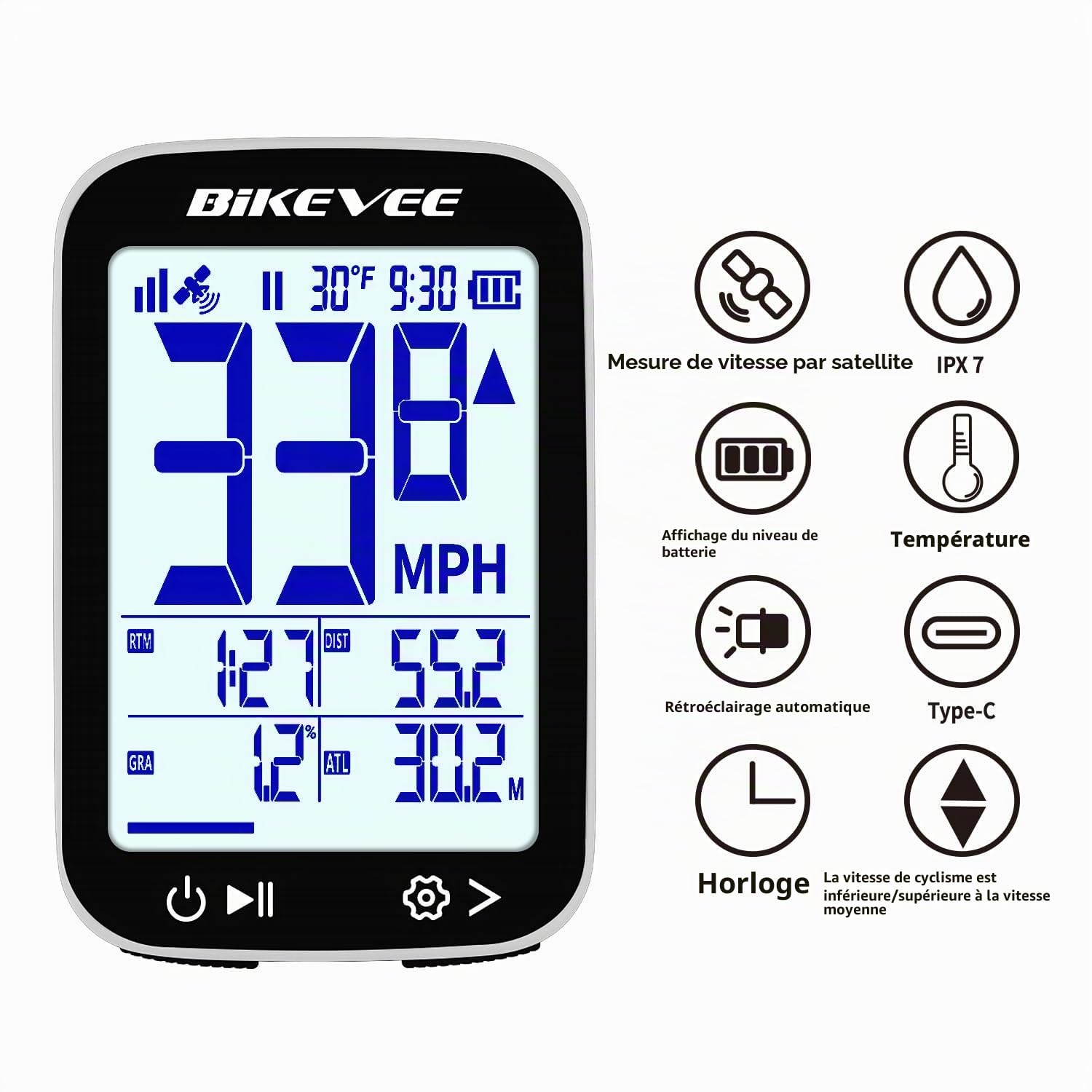 Compteur Vélo GPS sans Fil Étanche IPX7 Écran FSTN 2,4 Pouces Compteur VTT avec Vitesse Distance Altitude Température Pente Autonomie 28H