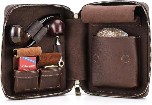 CONTACTS Full Grain Leather Pipe Tobacco Pouch Travel Cigar Case