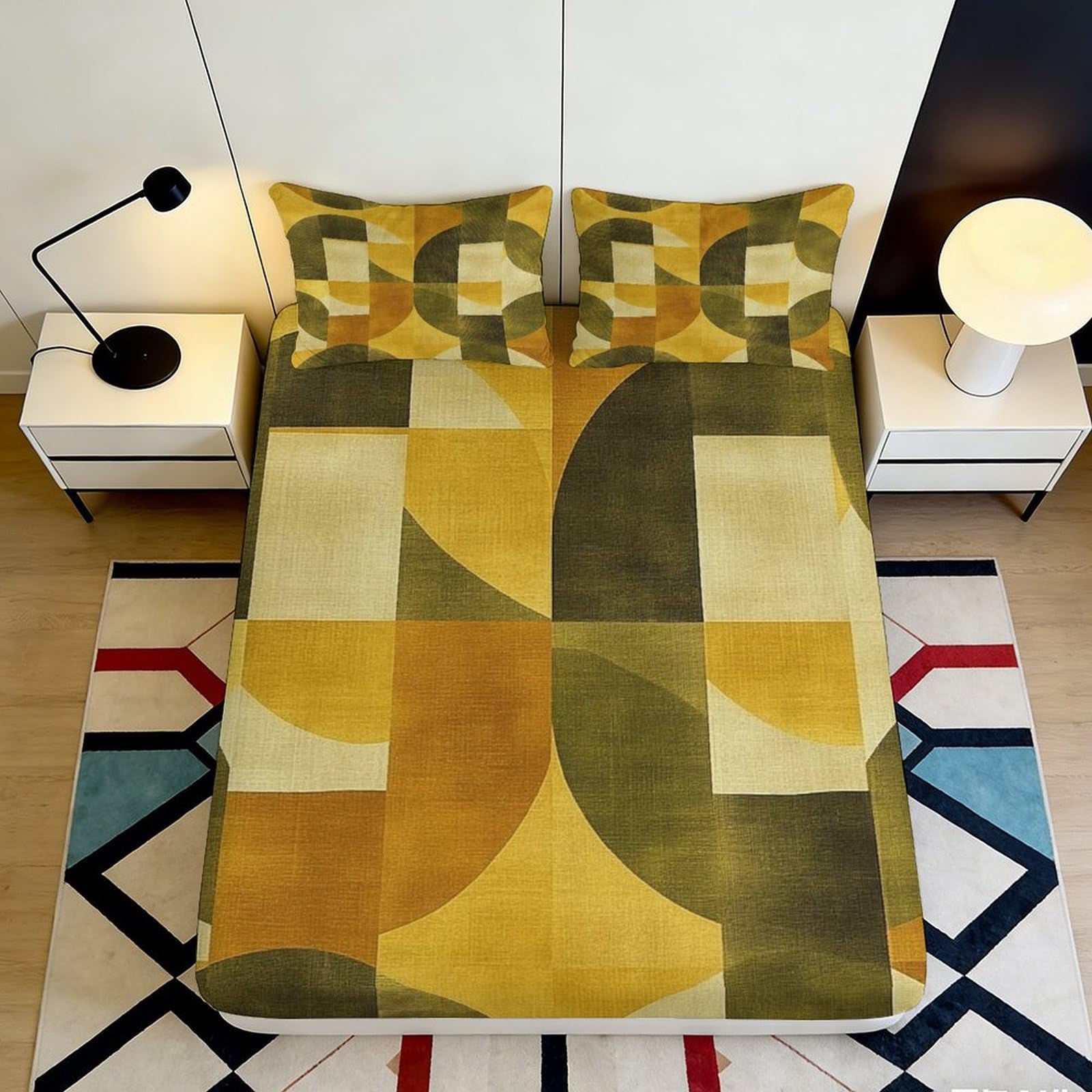 3D Printed Geometric Abstract Fitted Sheet Microfiber Soft Breathable Retro Mosaic Bed Cover for Bedroom Dorm Decor 90x200x25cm