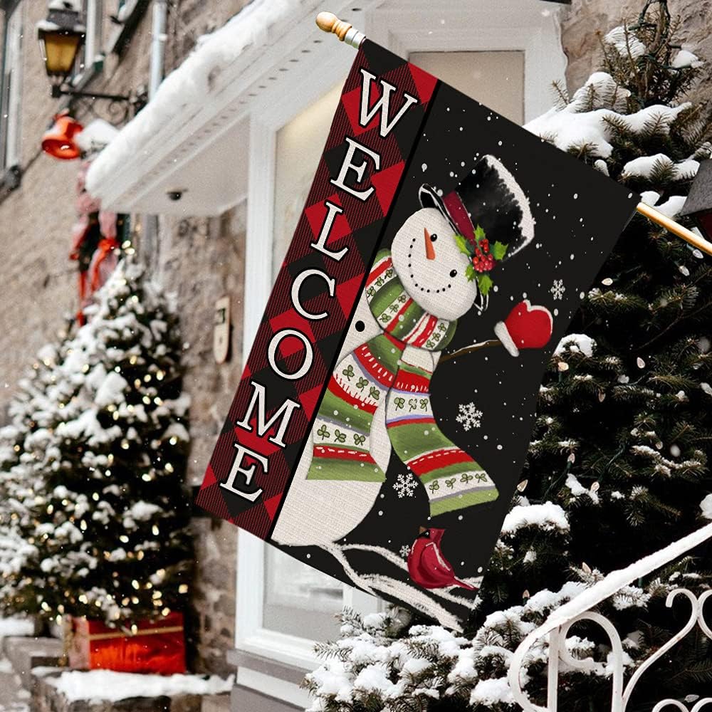 Pinatas Christmas Flags 28 x 40 Double Sided Winter Snowman House Outdoor Holiday Seasonal Decorative Banner, Welcome Buffalo Plaid Christmas Decorations Snowflake Outside Yard Burlap Large Garden Flag - Image 6