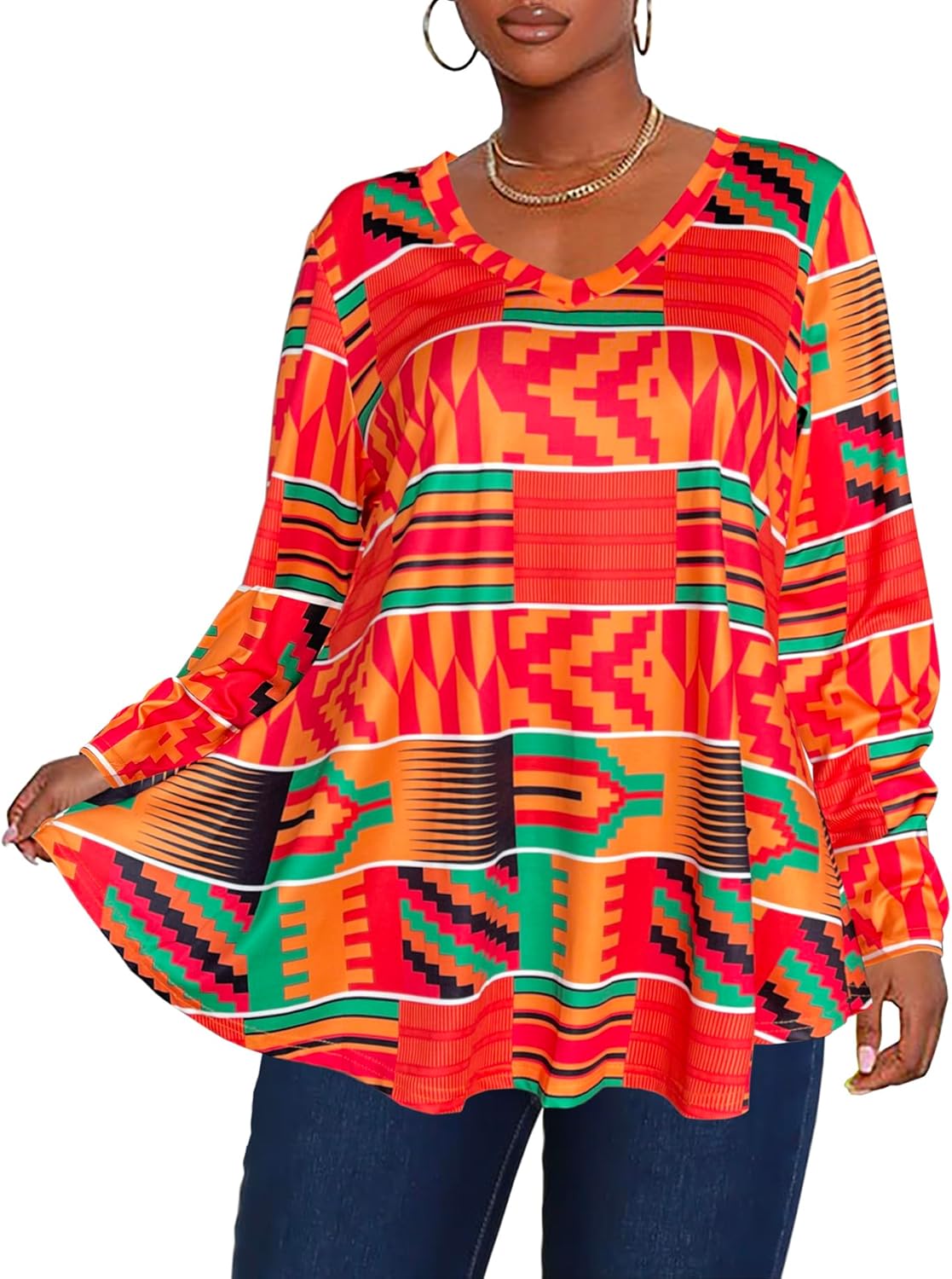 Afibi Dressy Shirts for Women African Dashiki Long Sleeve V Neck Loose Tunic Tops - Image 4